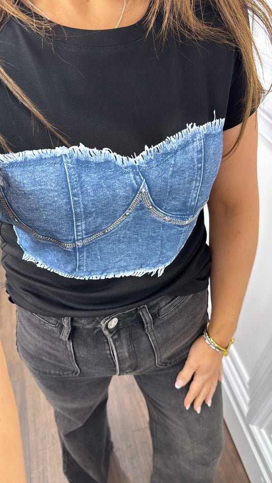 NATALIE black denim corset detail tshirt