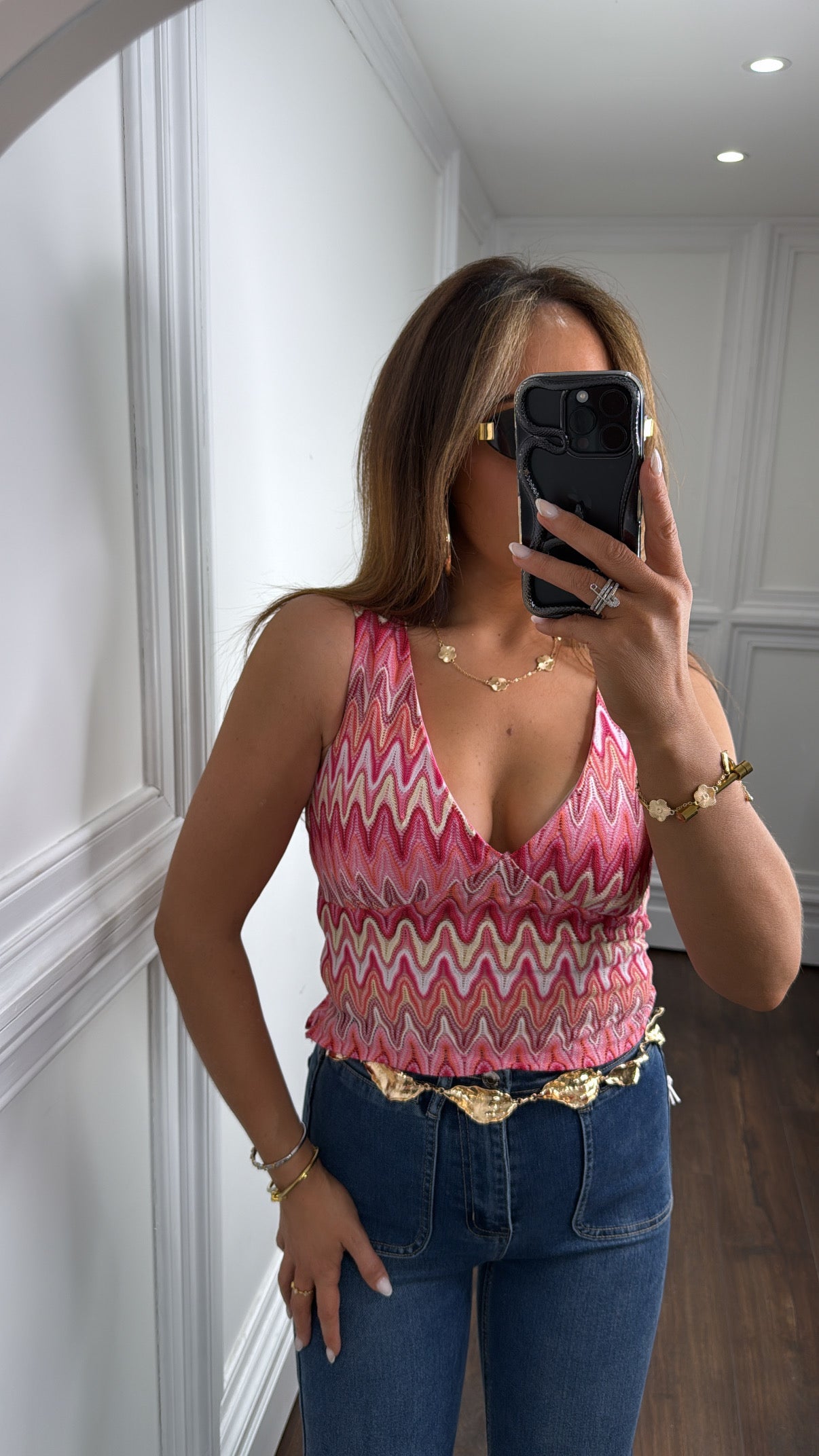 RAINE pink cropped zig zag top