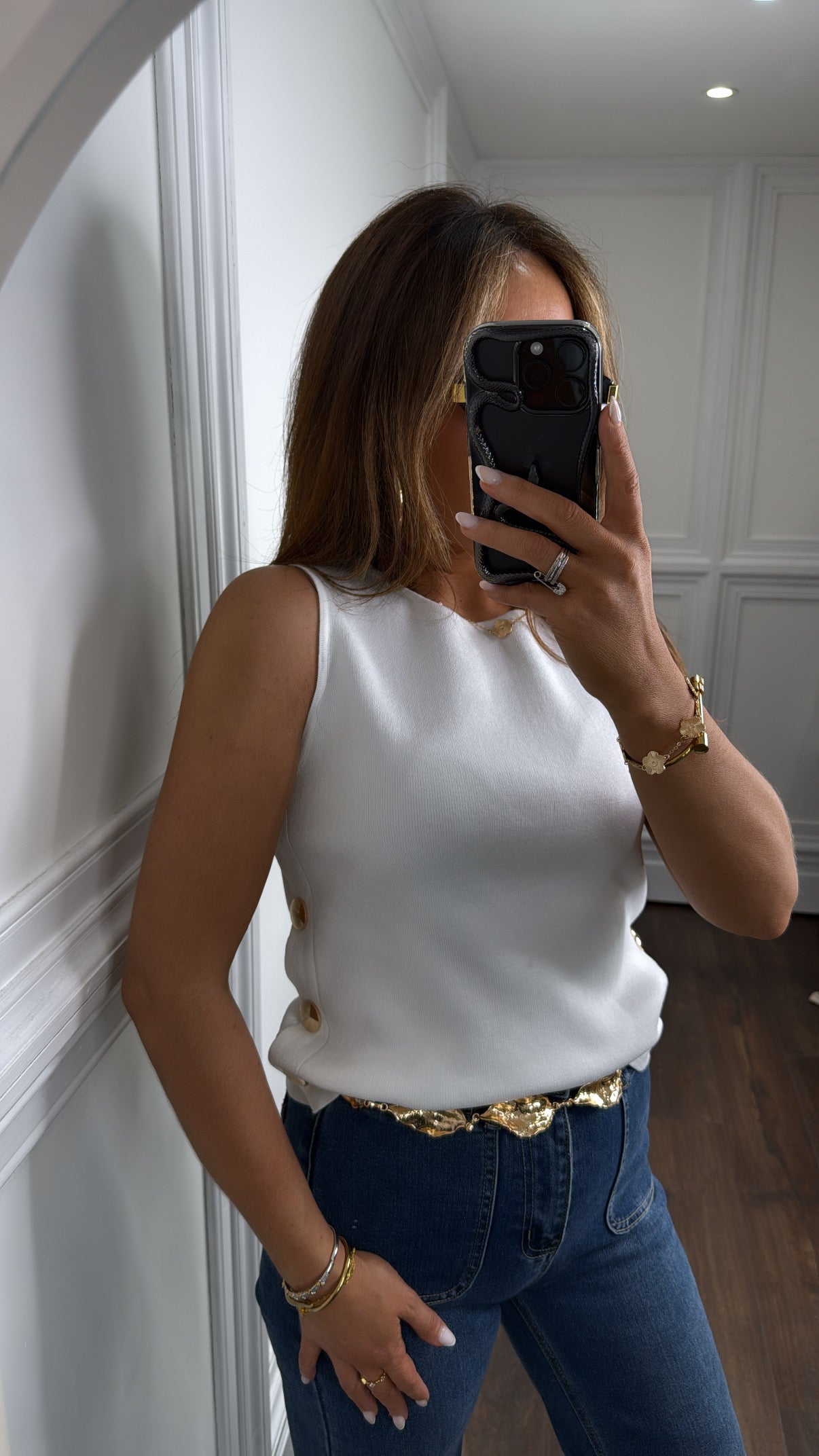 FIONA white fine knit gold button top