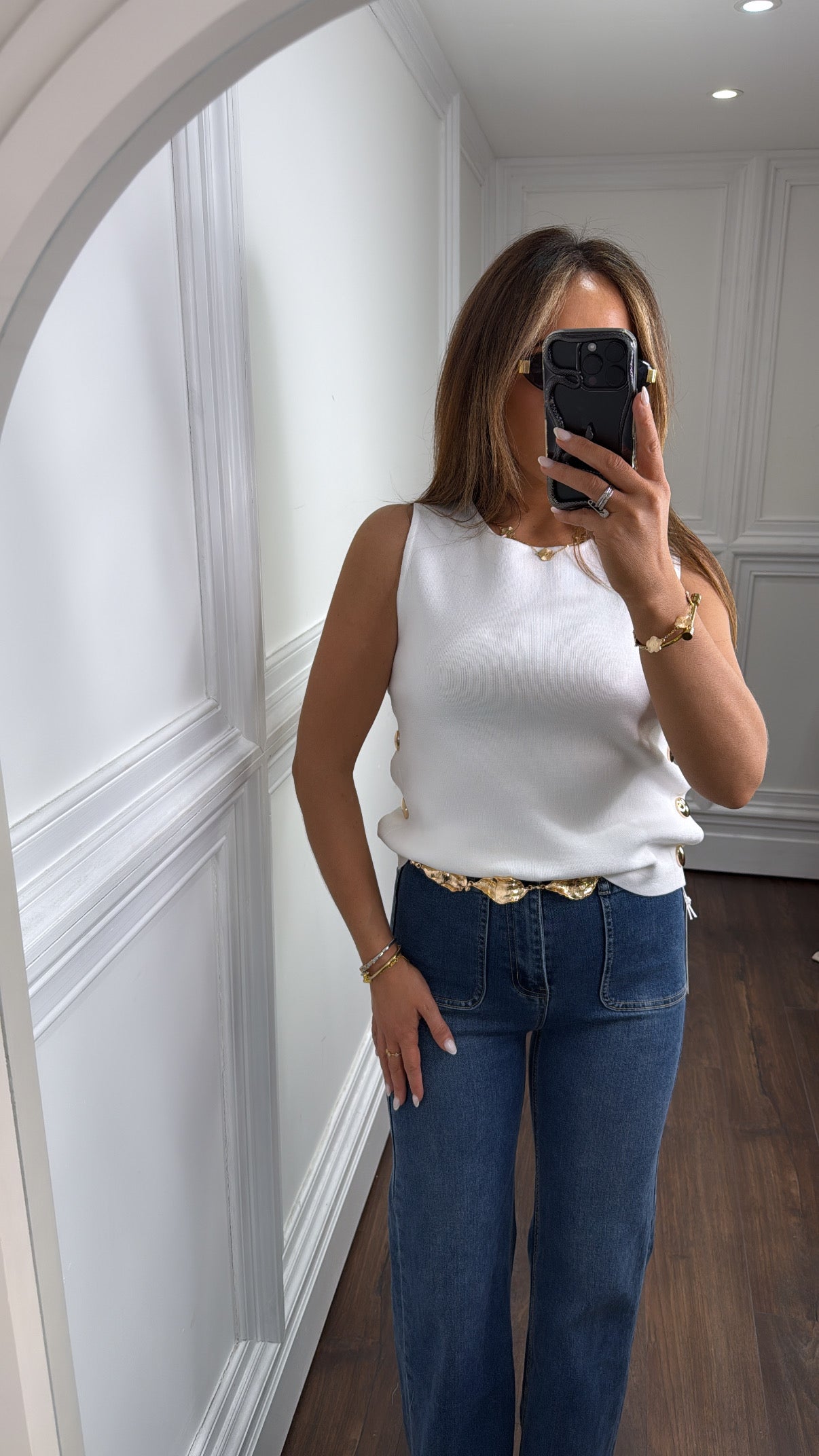 FIONA white fine knit gold button top