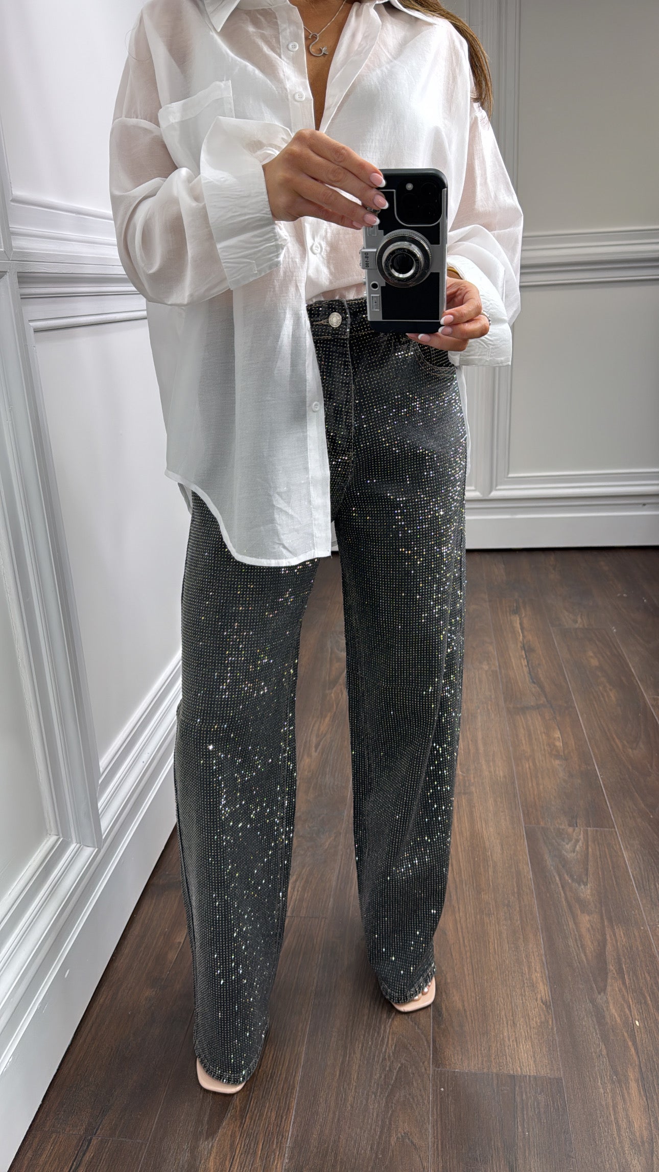 LUCIE premium black crystal wide leg jeans