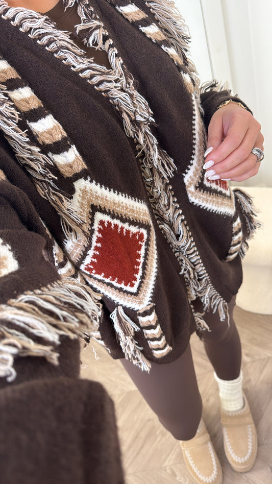 DARCIE brown aztec detail knitted cardigan