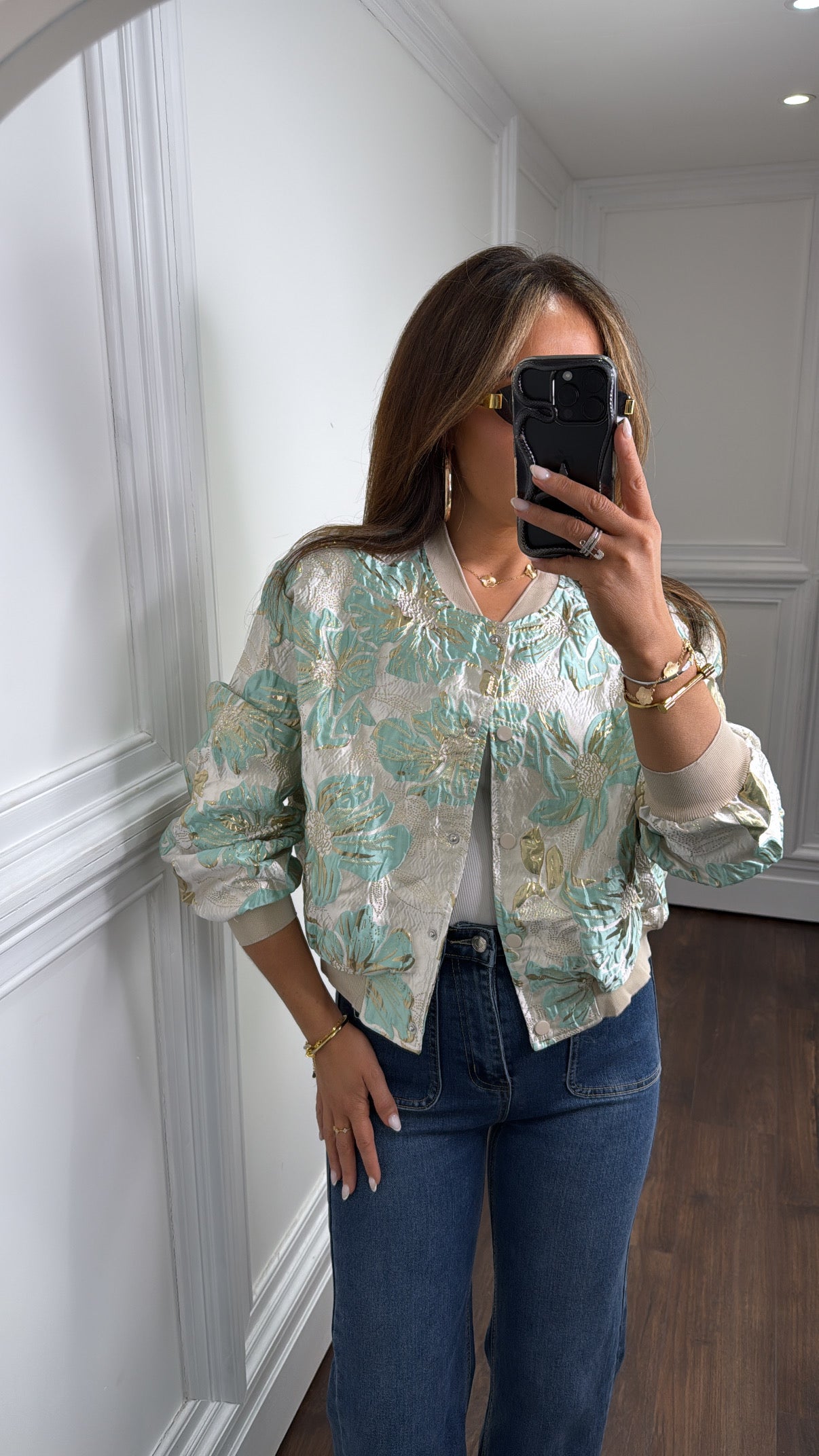 LUCHIA mint and beige floral jacquard bomber jacket