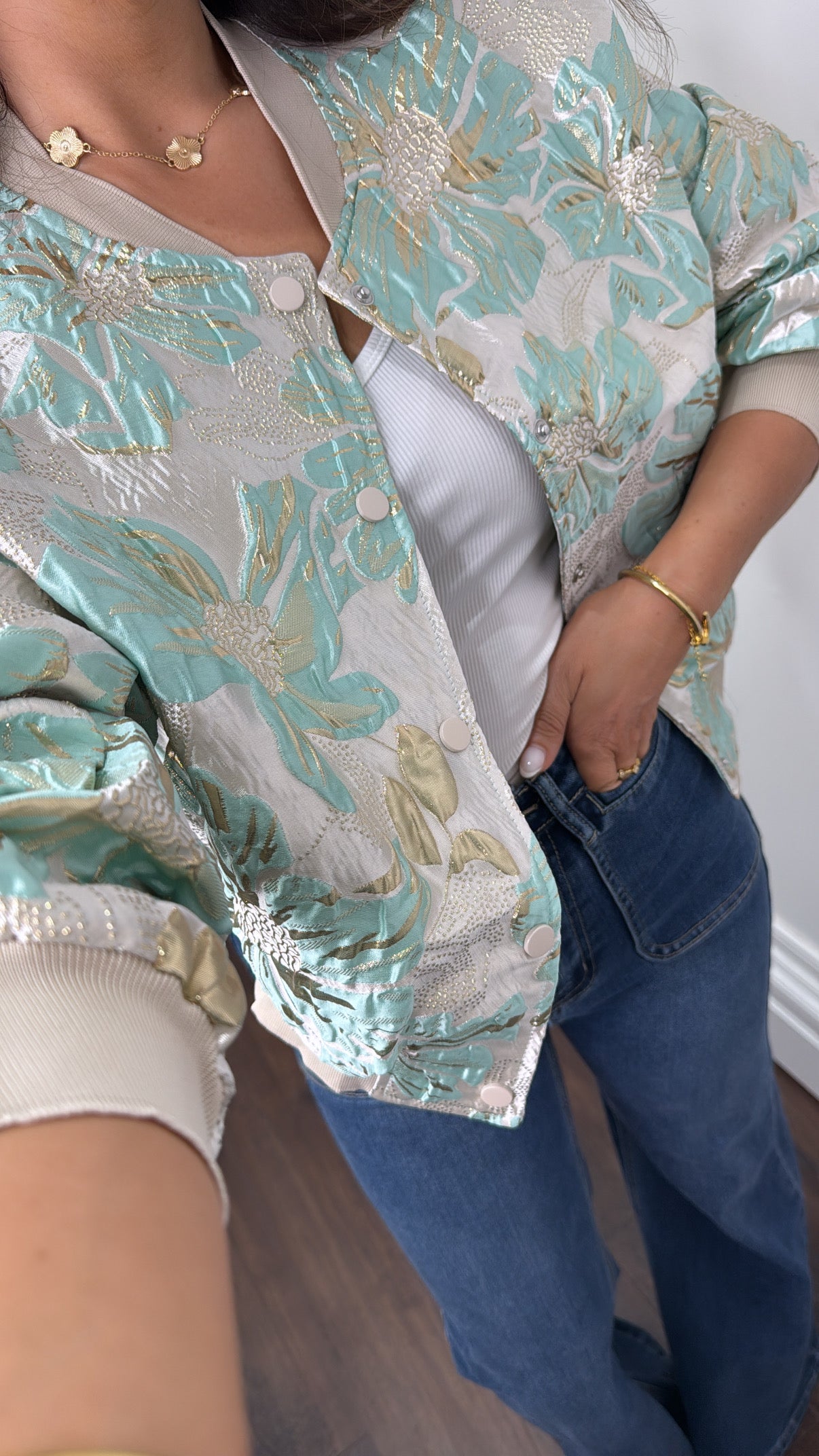 LUCHIA mint and beige floral jacquard bomber jacket