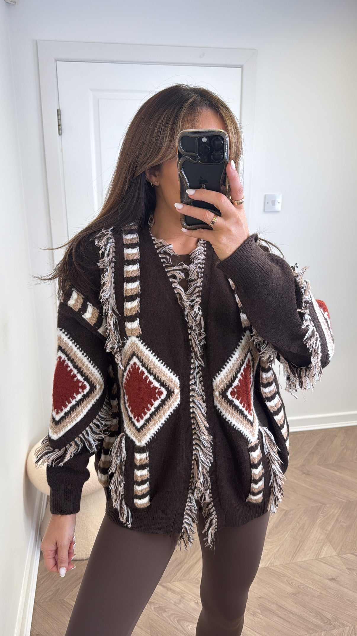 DARCIE brown aztec detail knitted cardigan
