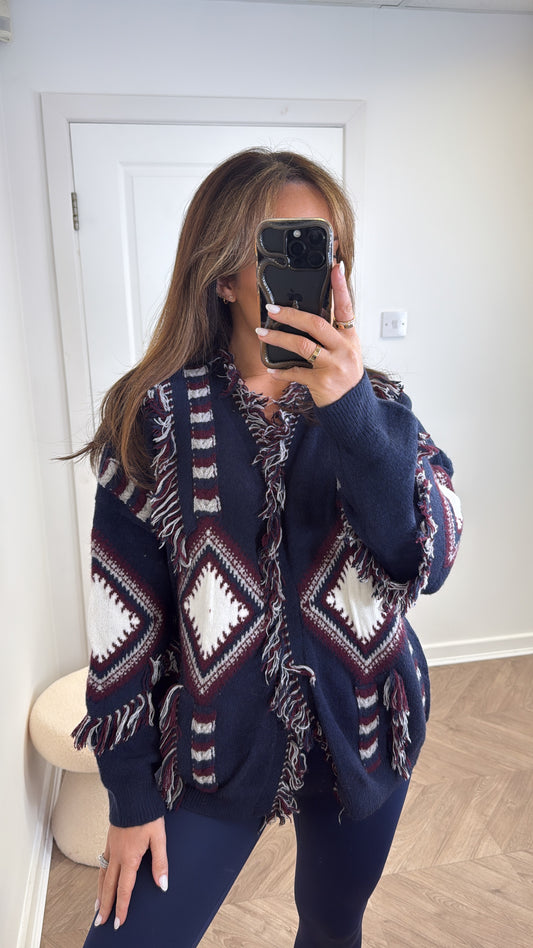 DARCIE navy aztec detail knitted cardigan