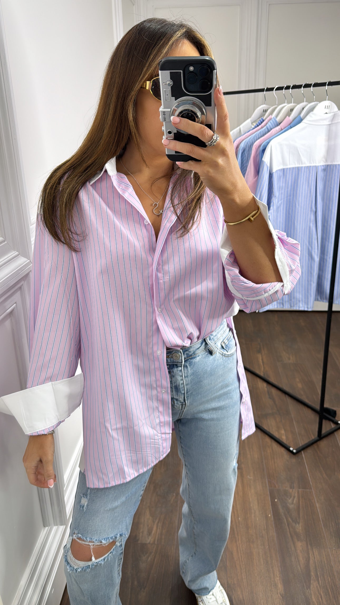 EBONY pink stripe button side shirt