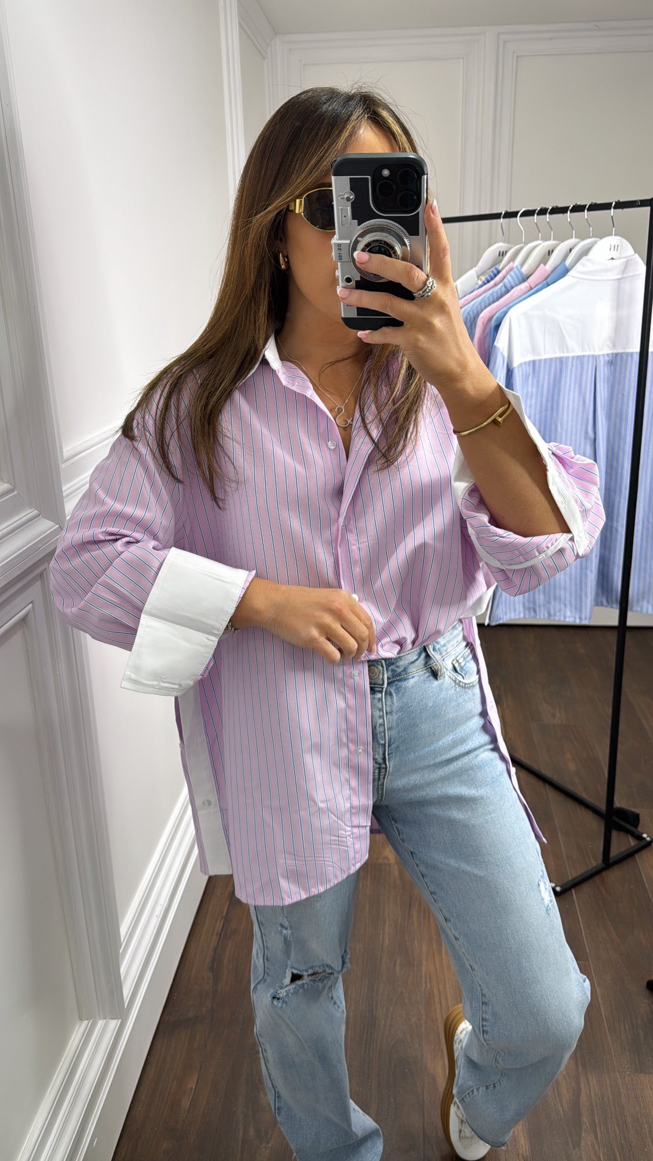 EBONY pink stripe button side shirt