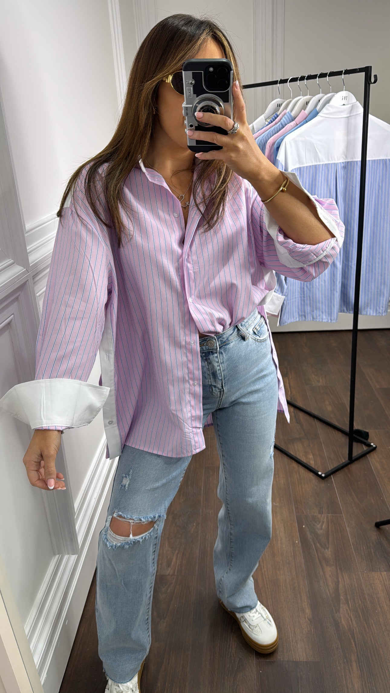 EBONY pink stripe button side shirt