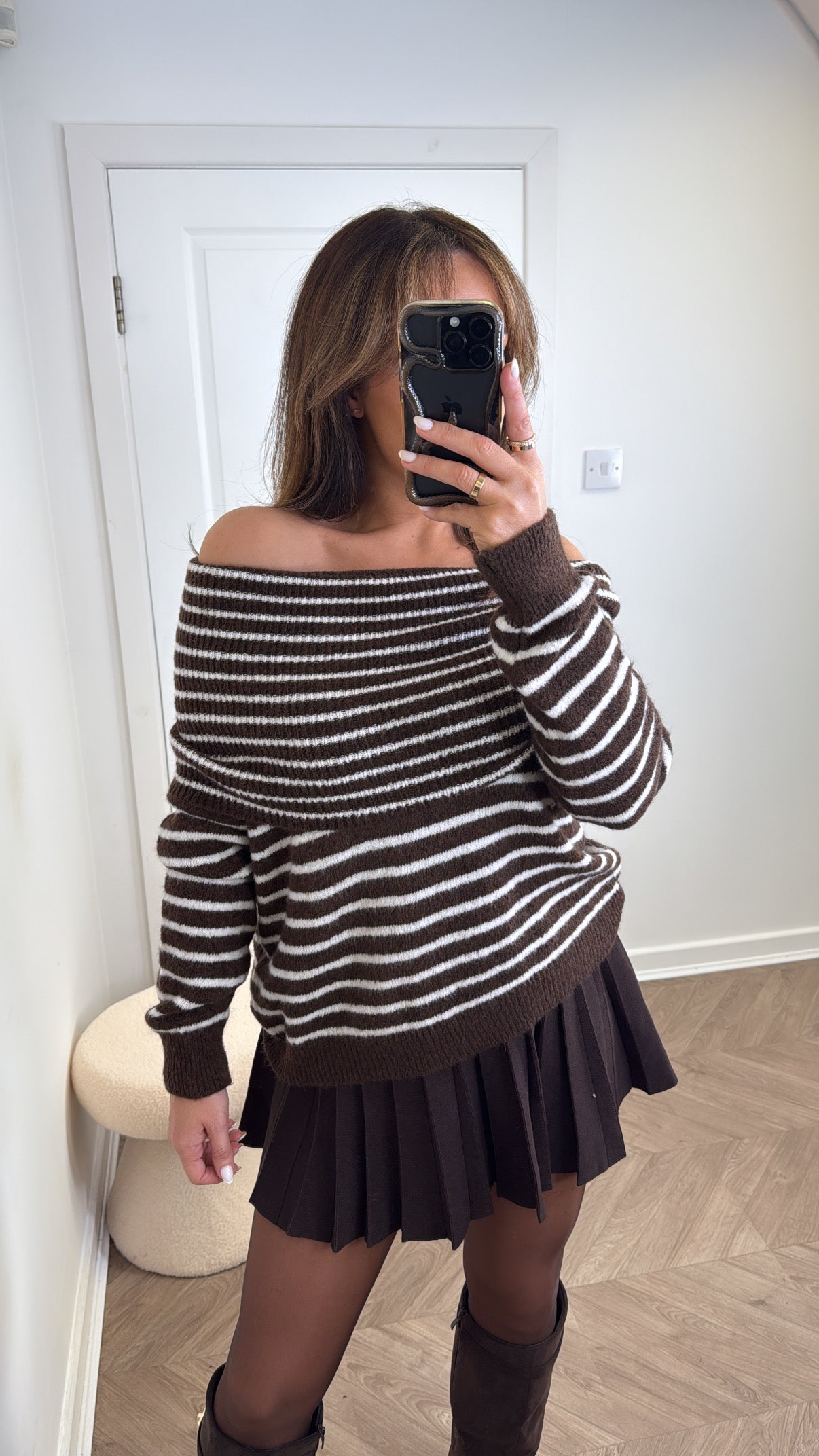 ABBEY brown stripe off the shoulder jumper
