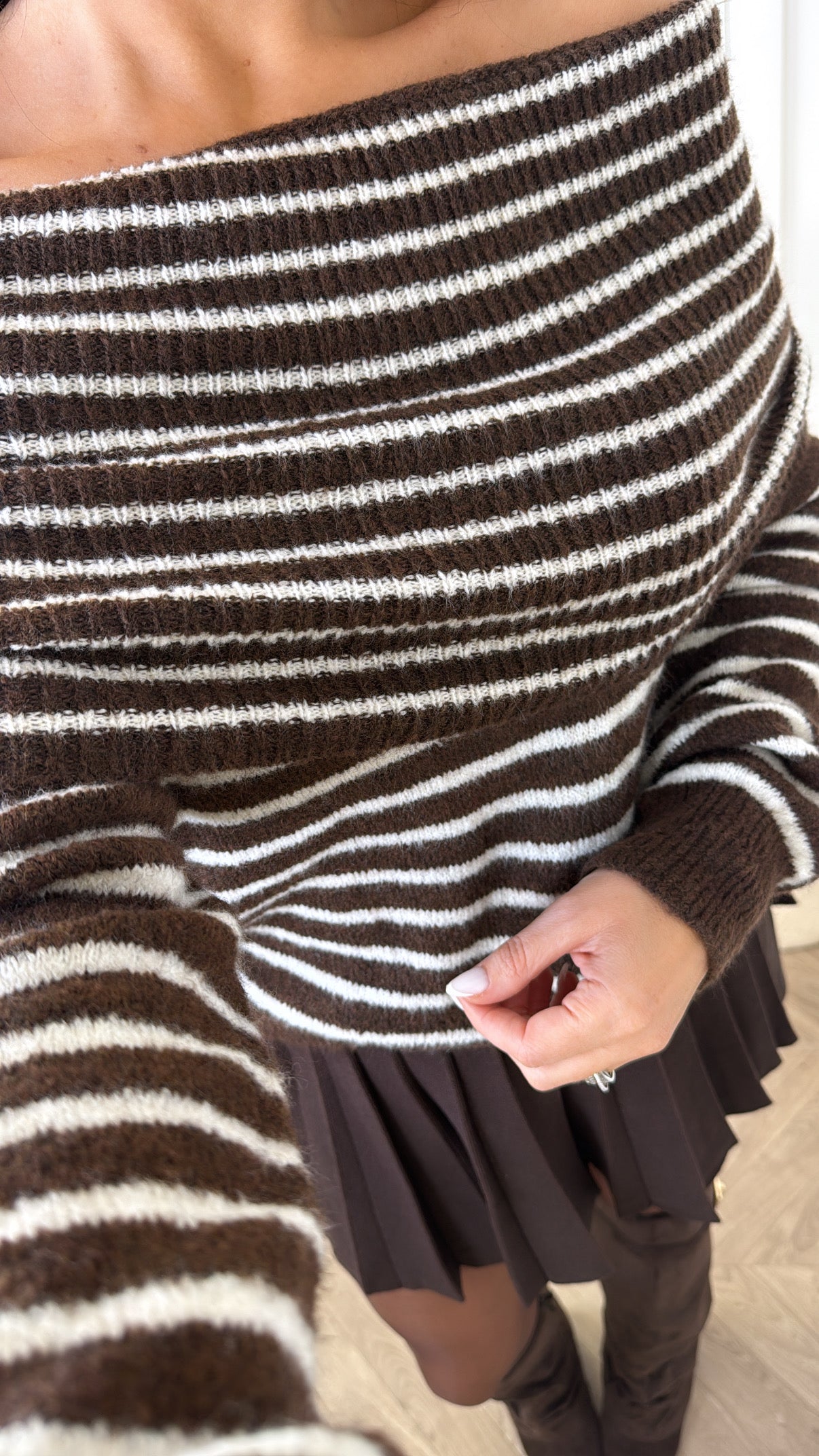 ABBEY brown stripe off the shoulder jumper