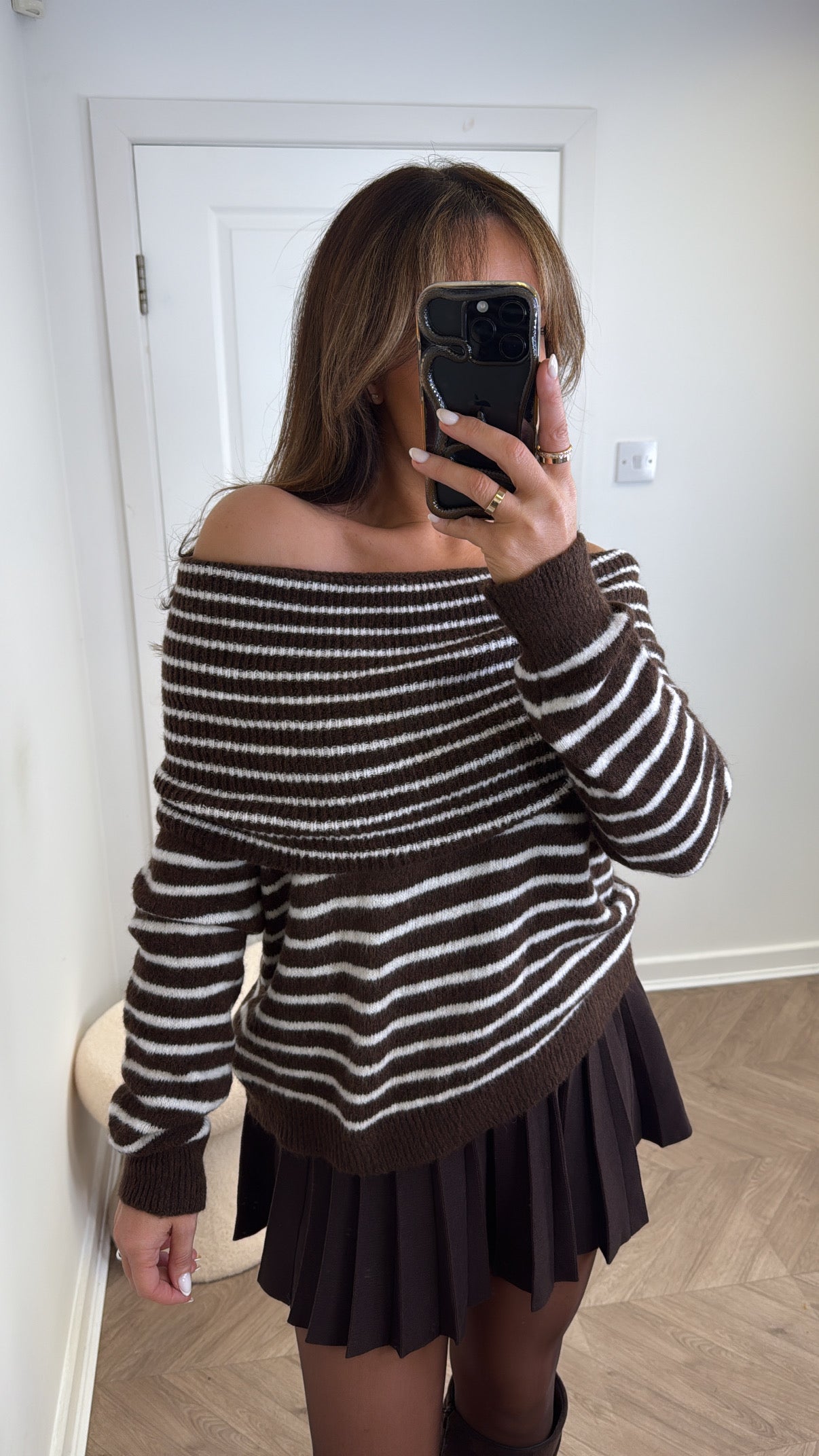 ABBEY brown stripe off the shoulder jumper