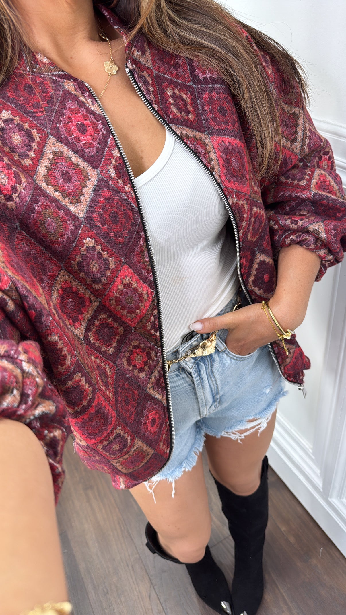 IZZY burgundy aztec knit zip up jacket