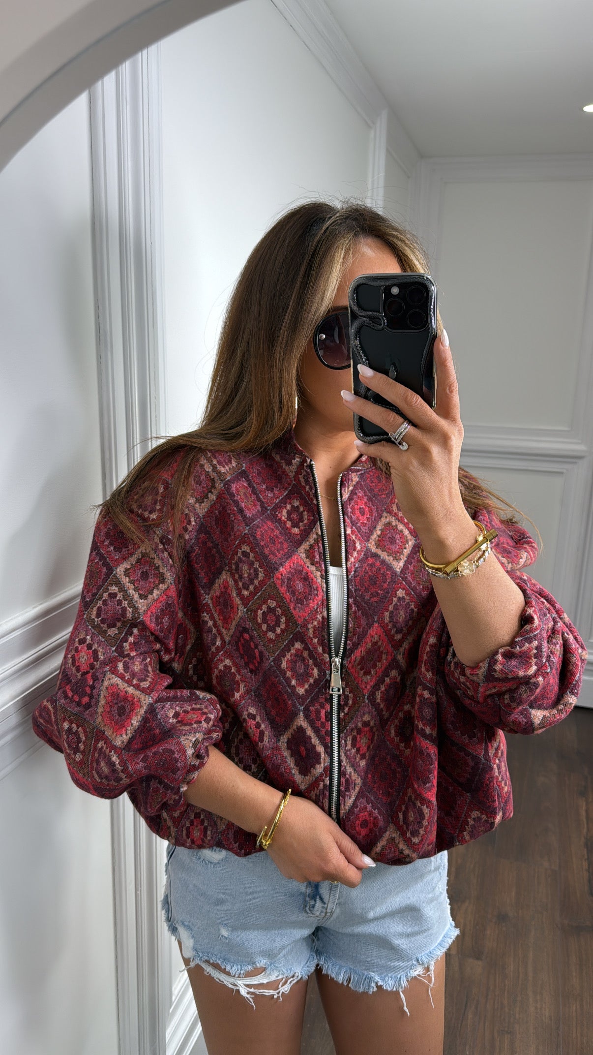 IZZY burgundy aztec knit zip up jacket