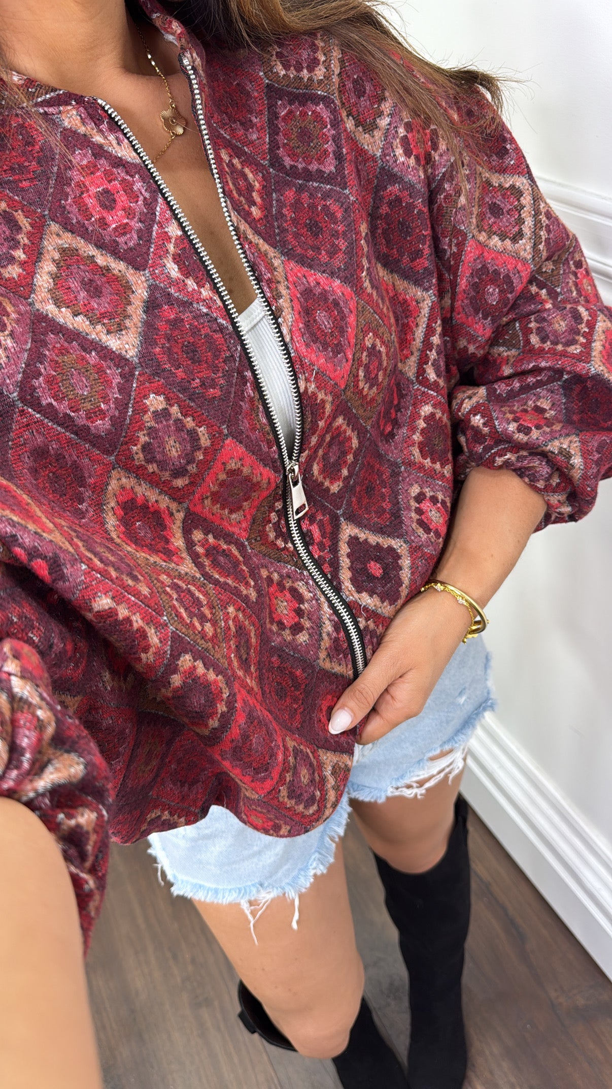IZZY burgundy aztec knit zip up jacket