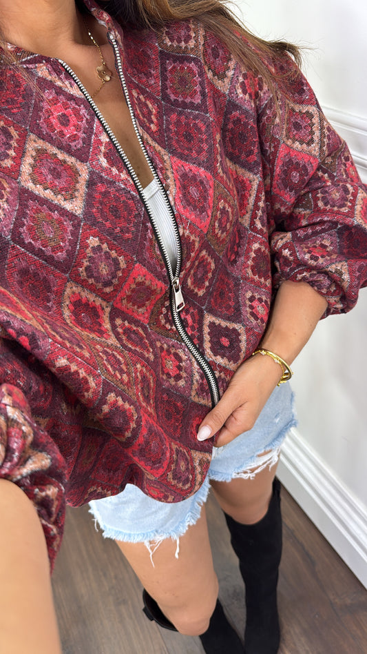 IZZY burgundy aztec knit zip up jacket