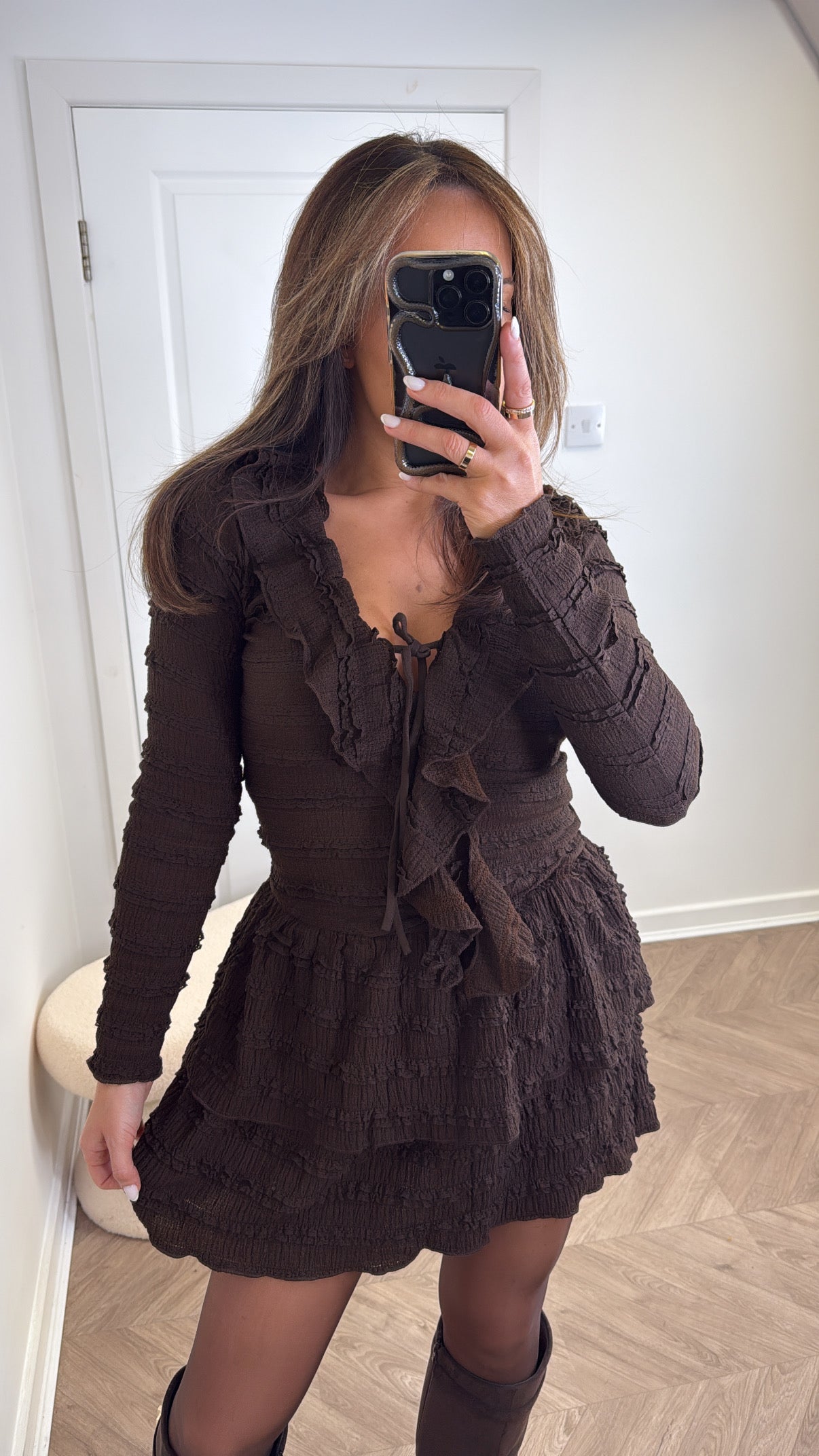 KIMMY brown textured ruffle dress