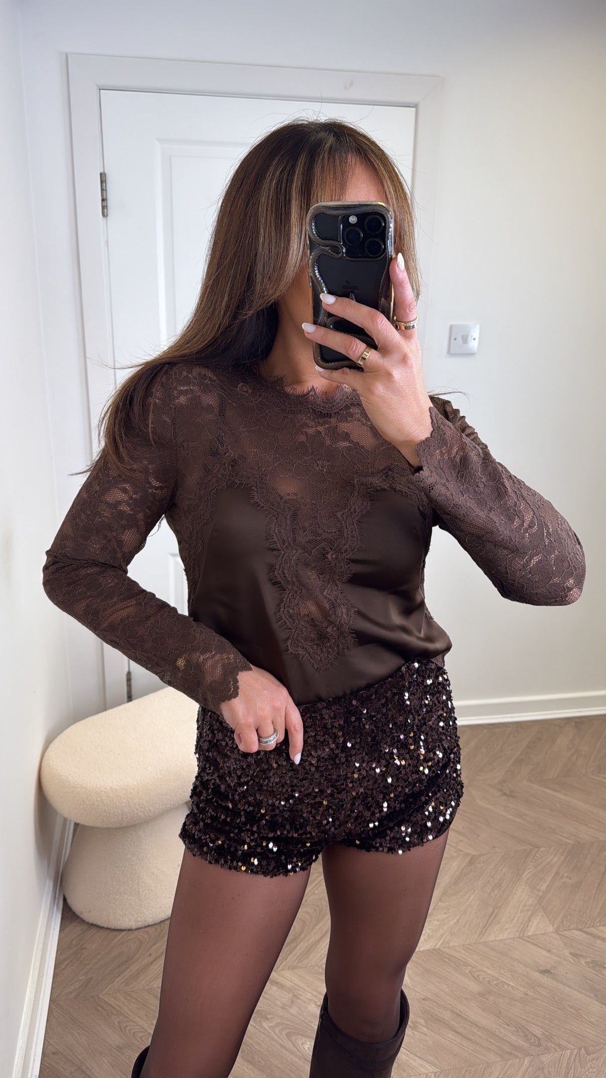 NIKKI brown satin and lace detail top