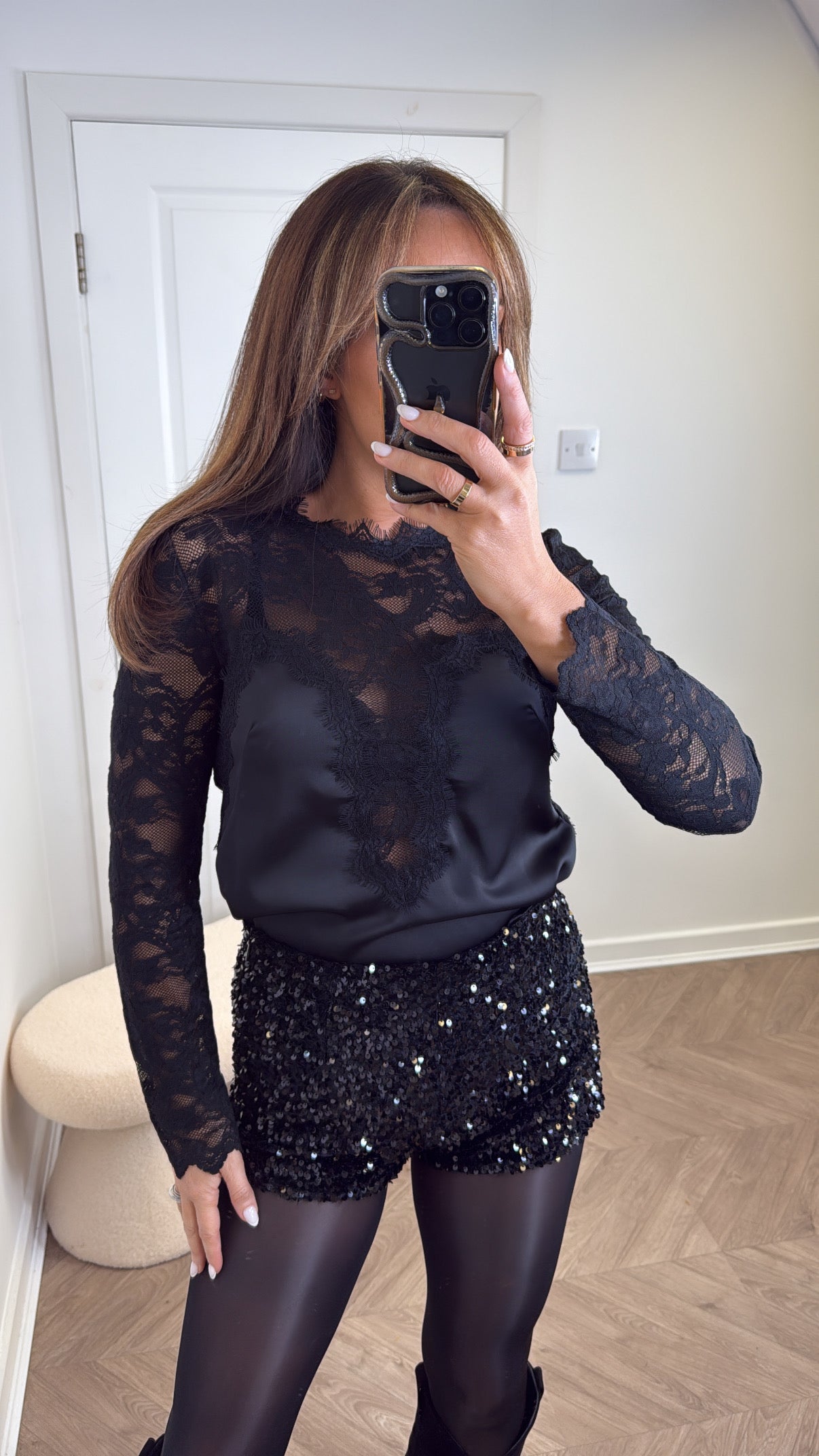 NIKKI black satin and lace detail top