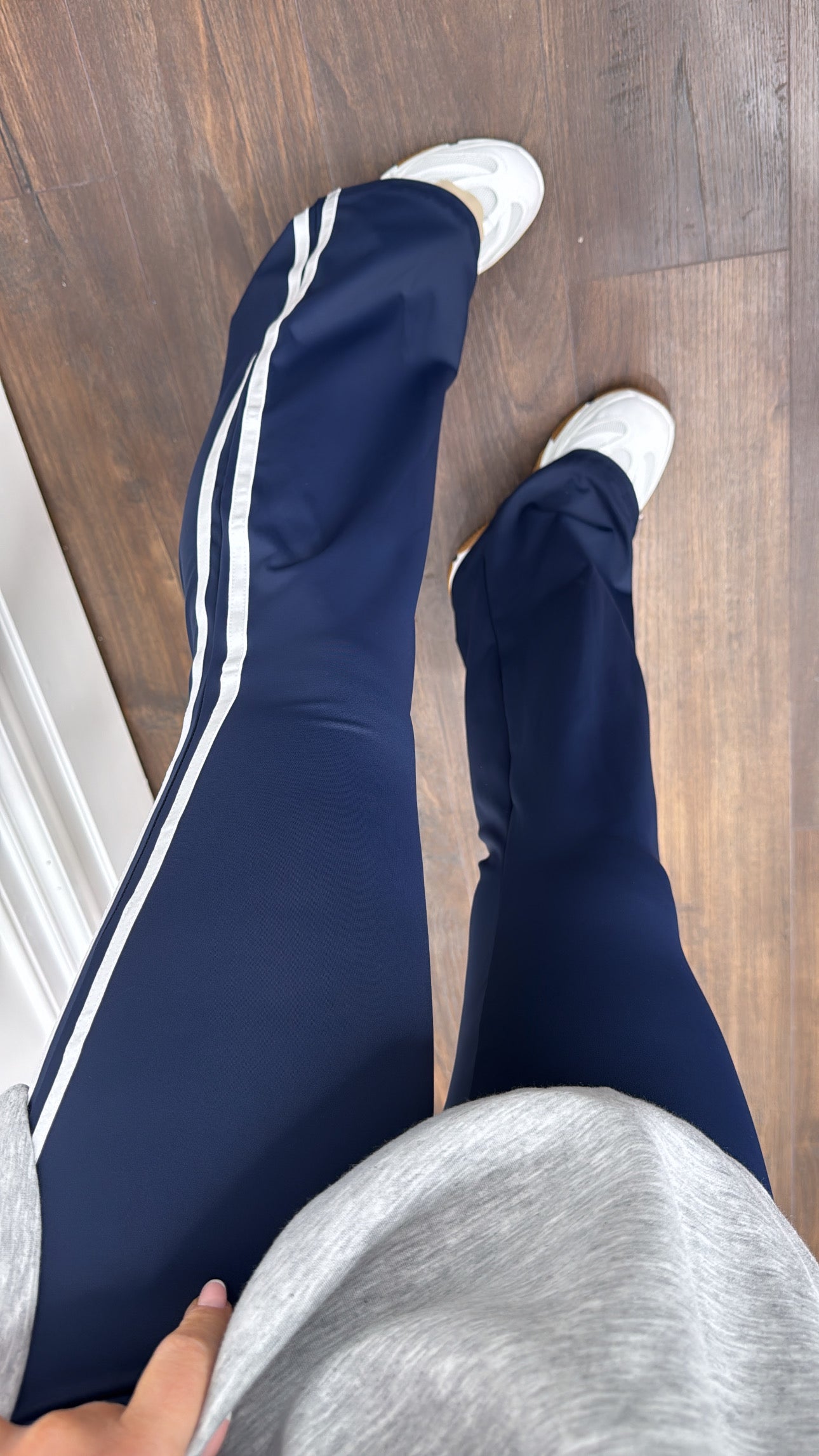 LOUISE navy ruched bum stripe flared pants