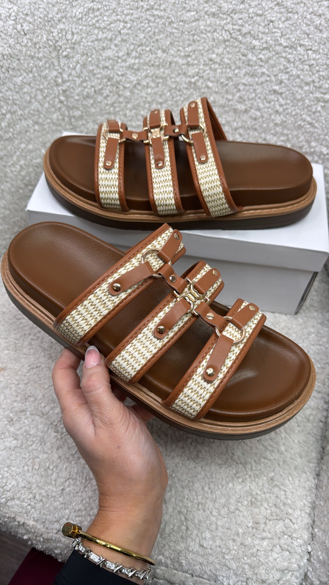 CARMELLA camel woven slider sandals