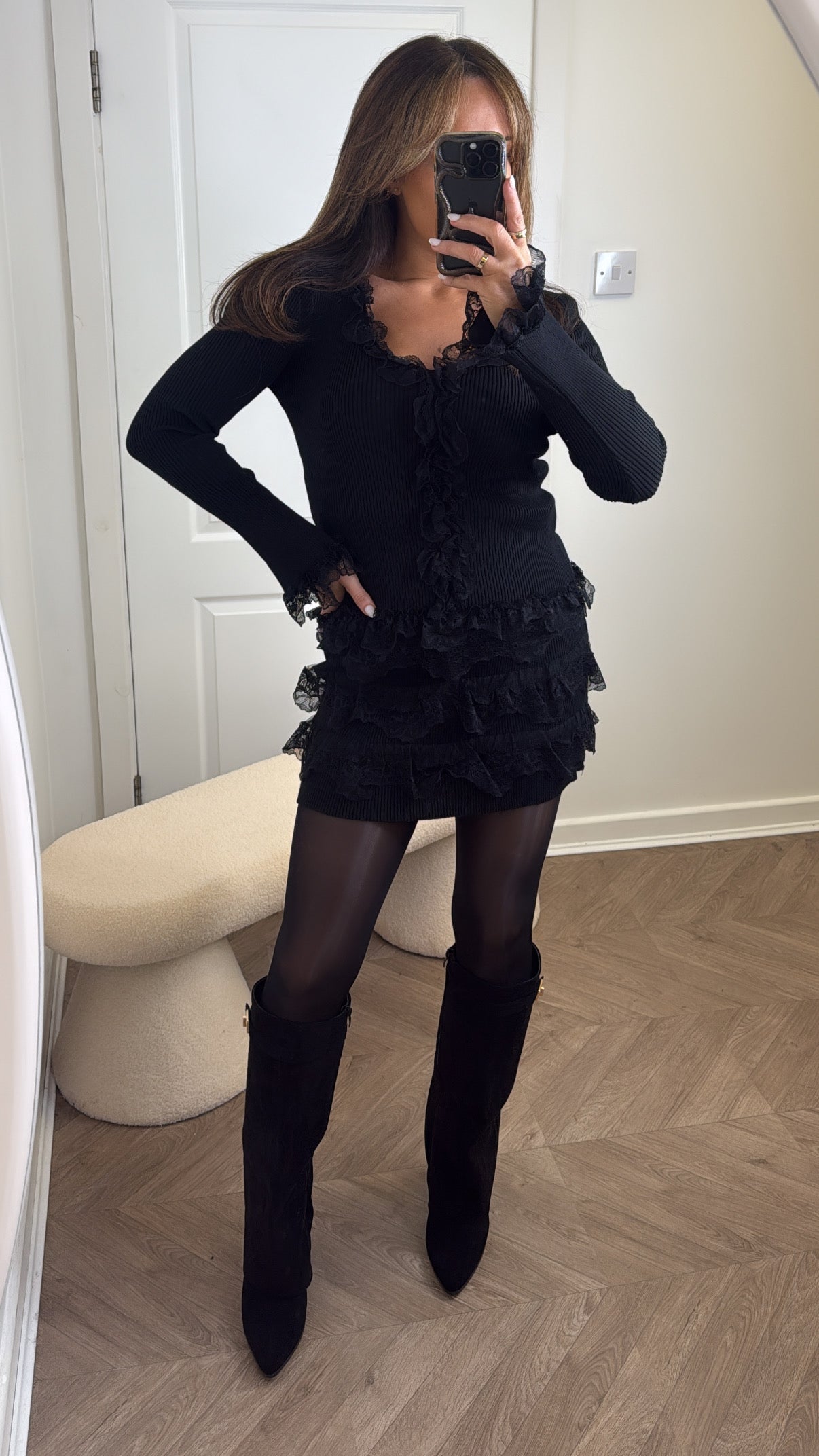 ANNALISE black with lace detail top and skirt co-ord