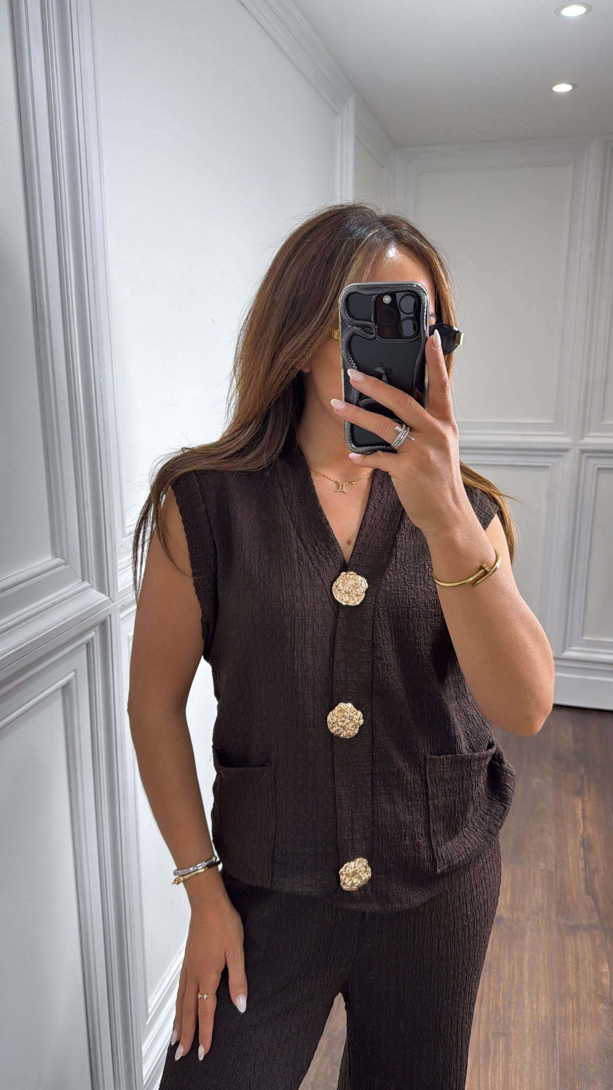 TAMSYN chocolate button seersucker waist jacket and wide leg trouser co-ord