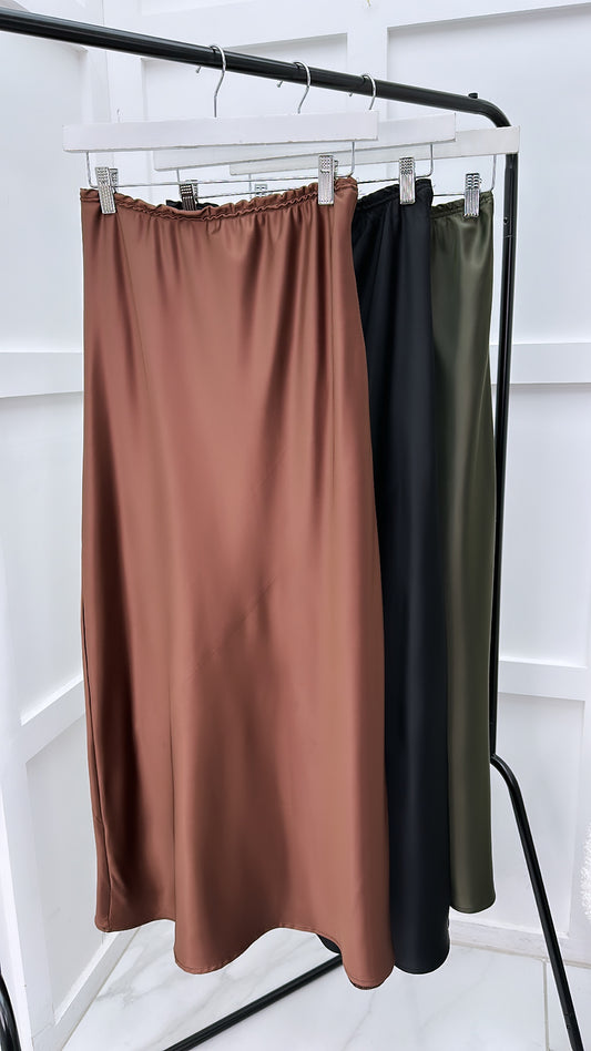 KATE brown silky midi skirt