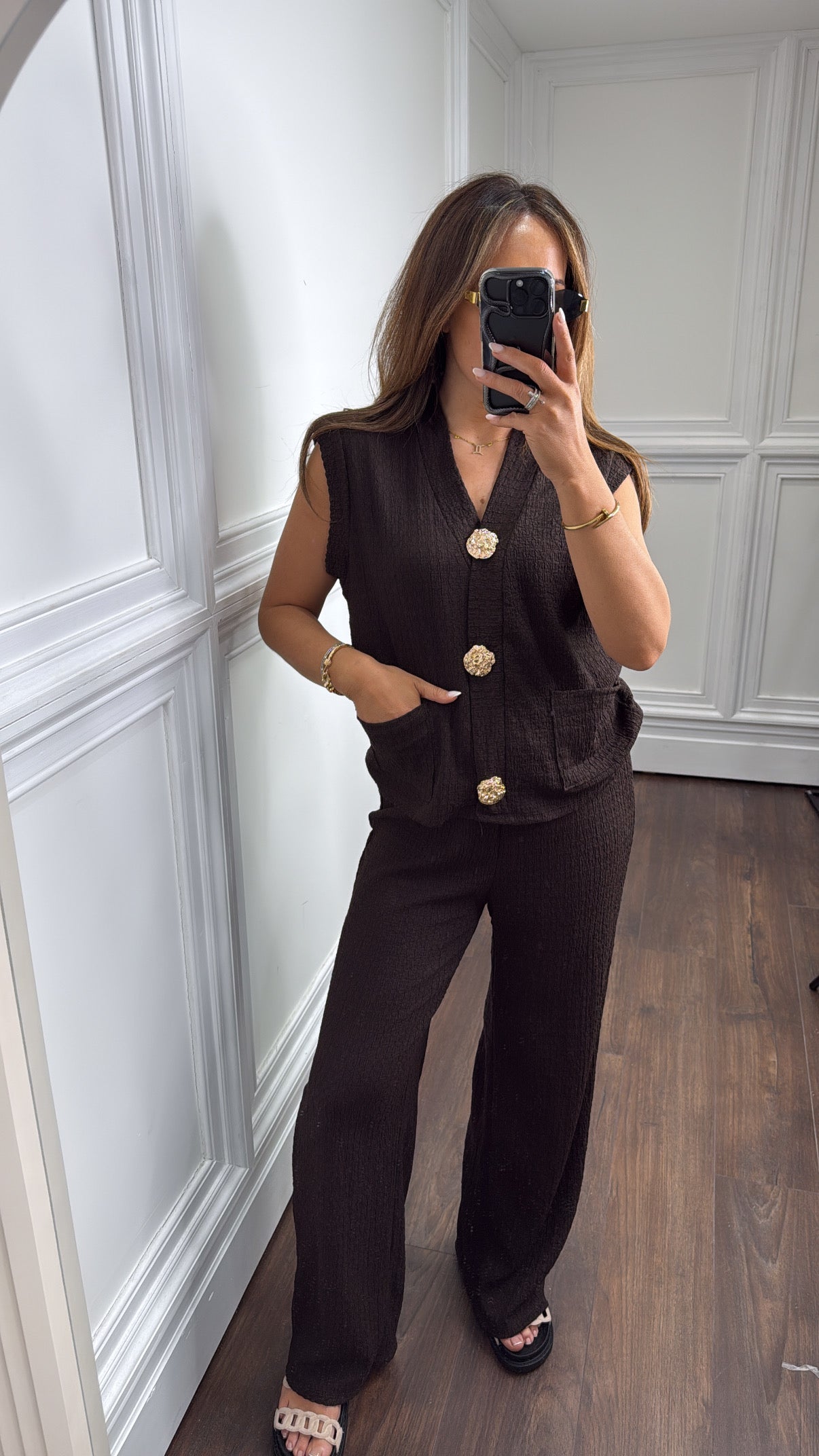 TAMSYN chocolate button seersucker waist jacket and wide leg trouser co-ord