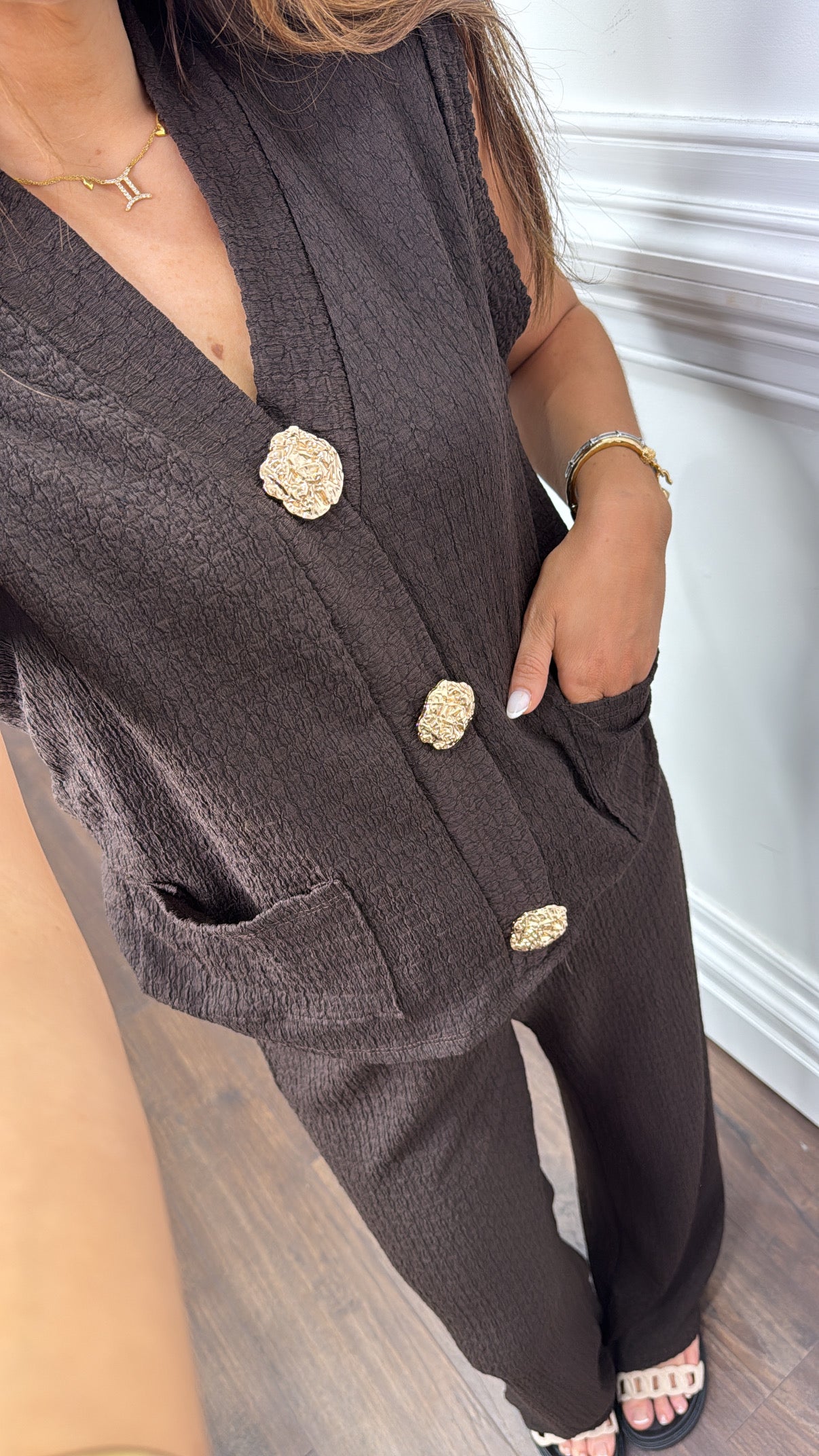 TAMSYN chocolate button seersucker waist jacket and wide leg trouser co-ord