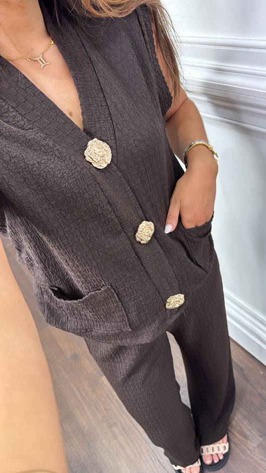 TAMSYN chocolate button seersucker waist jacket and wide leg trouser co-ord
