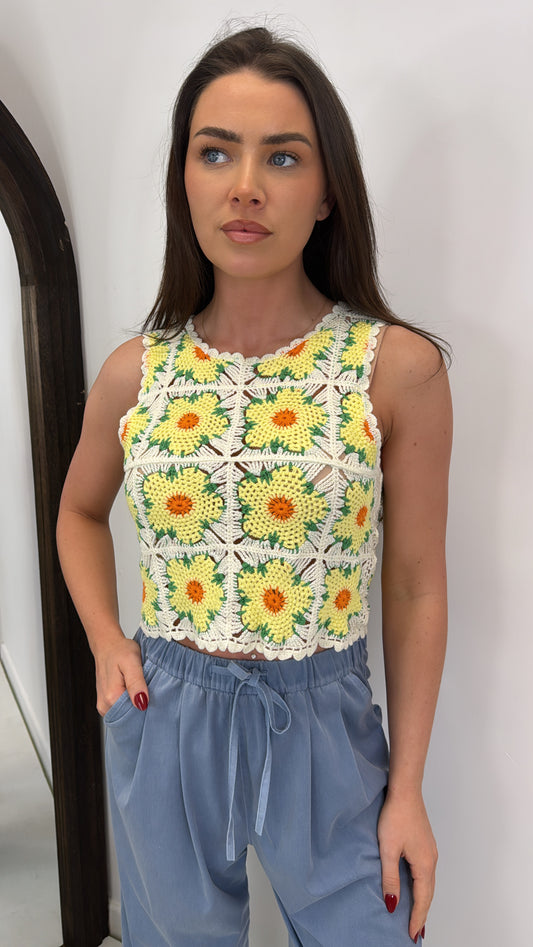 FLORA yellow and cream crochet vest