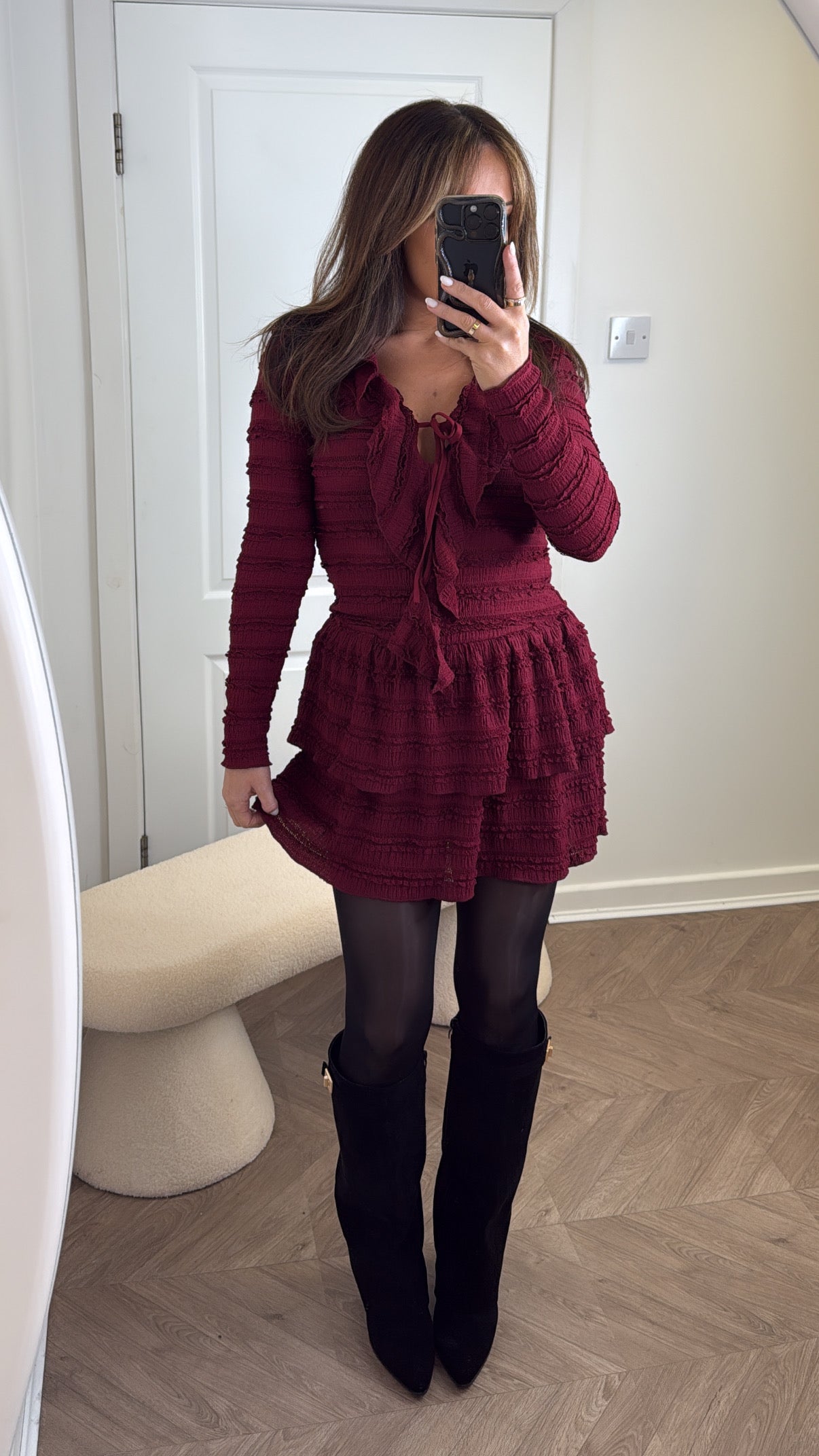 KIMMY burgundy textured ruffle dress