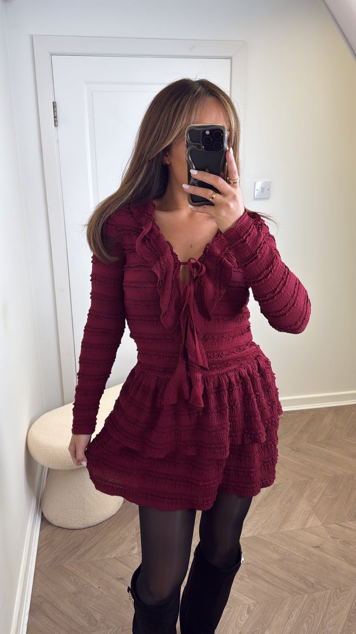 KIMMY burgundy textured ruffle dress