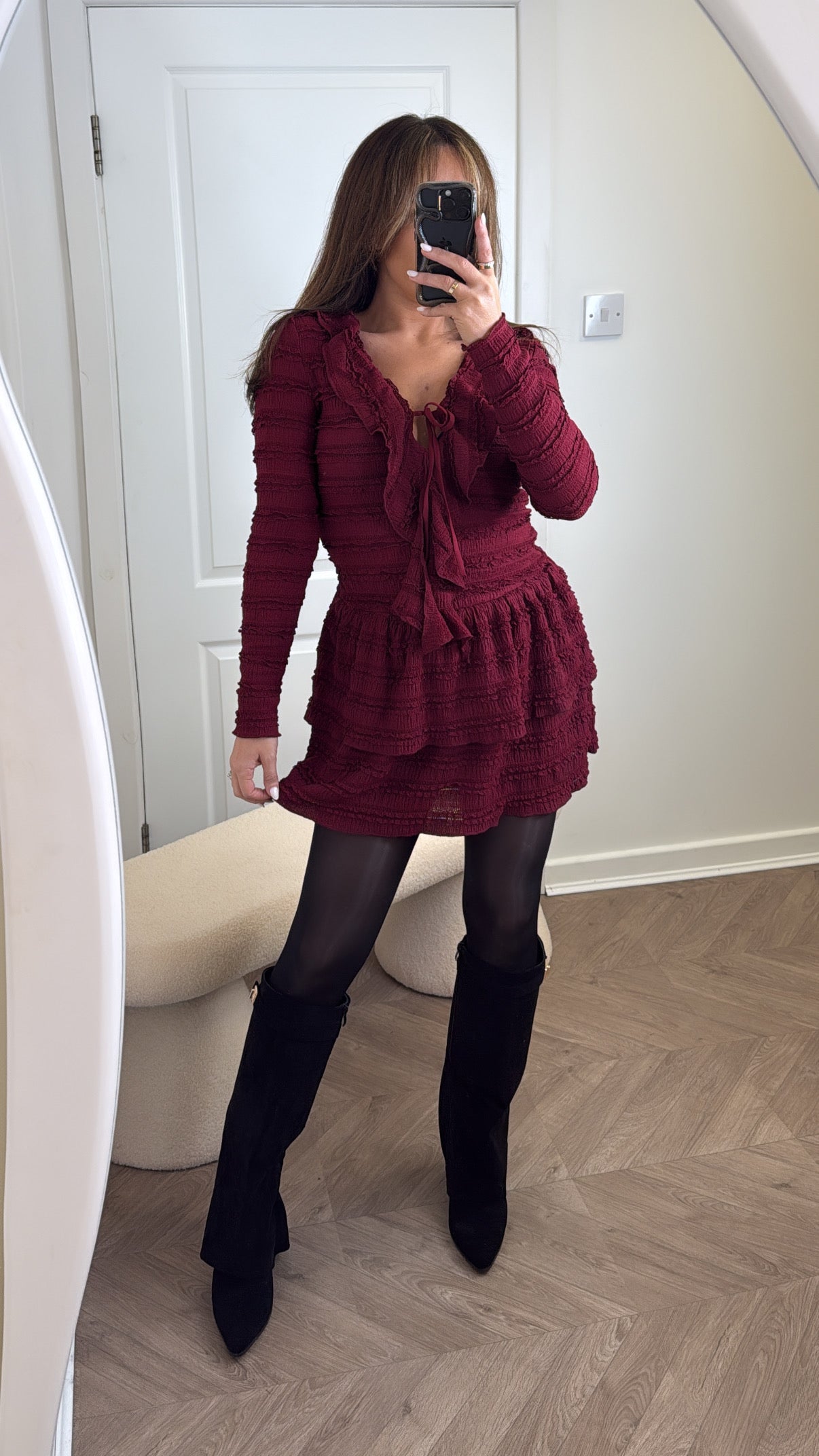 KIMMY burgundy textured ruffle dress