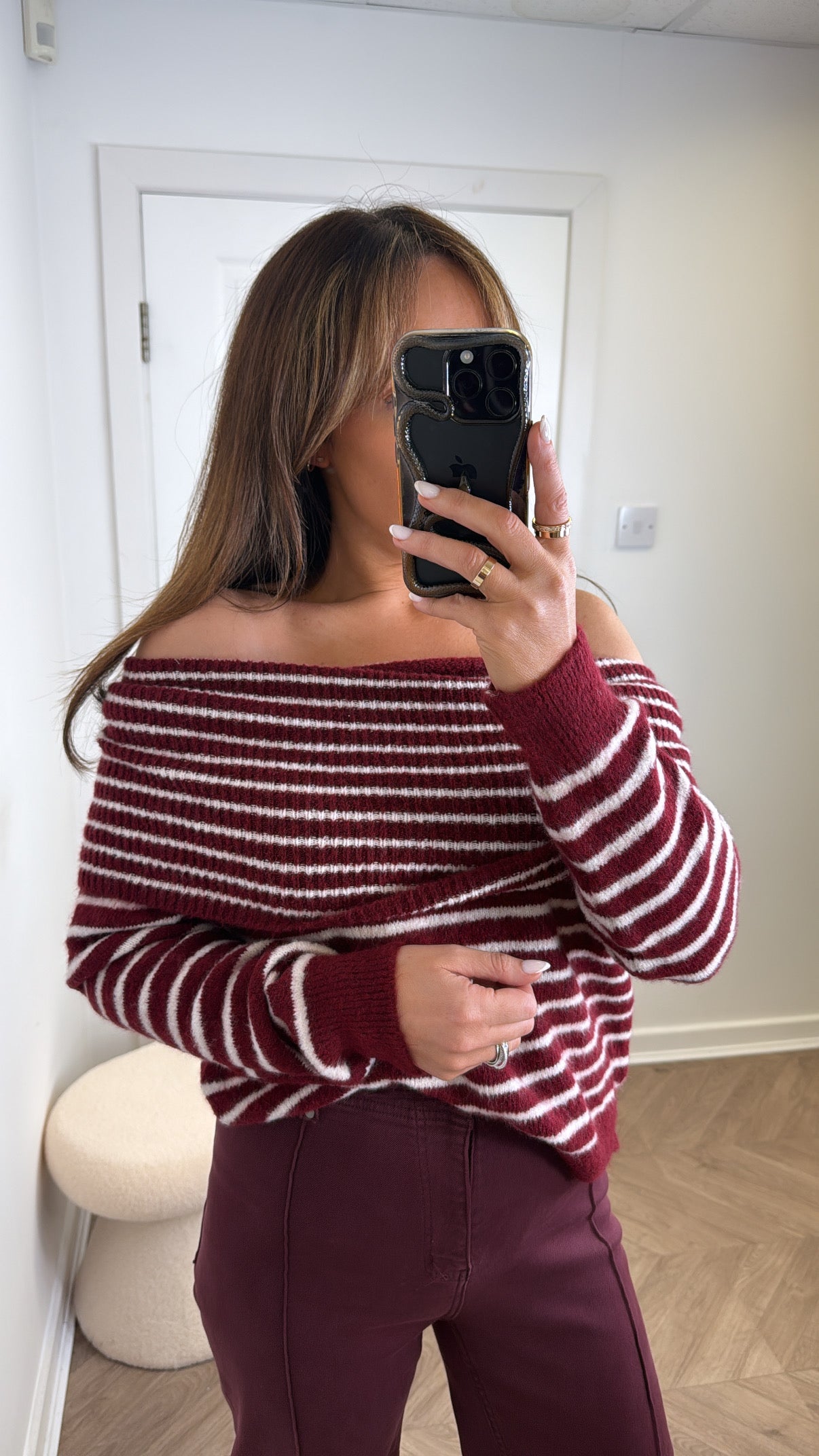 ABBEY burgundy stripe off the shoulder jumper