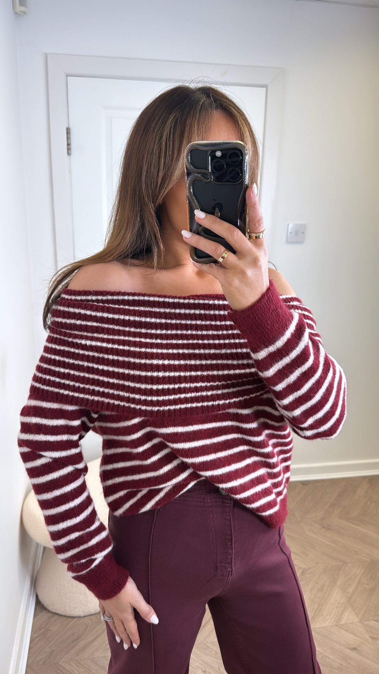ABBEY burgundy stripe off the shoulder jumper