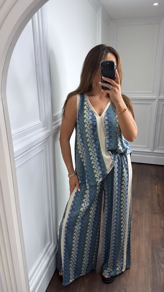 PELLA blue printed contrast trouser co-ord