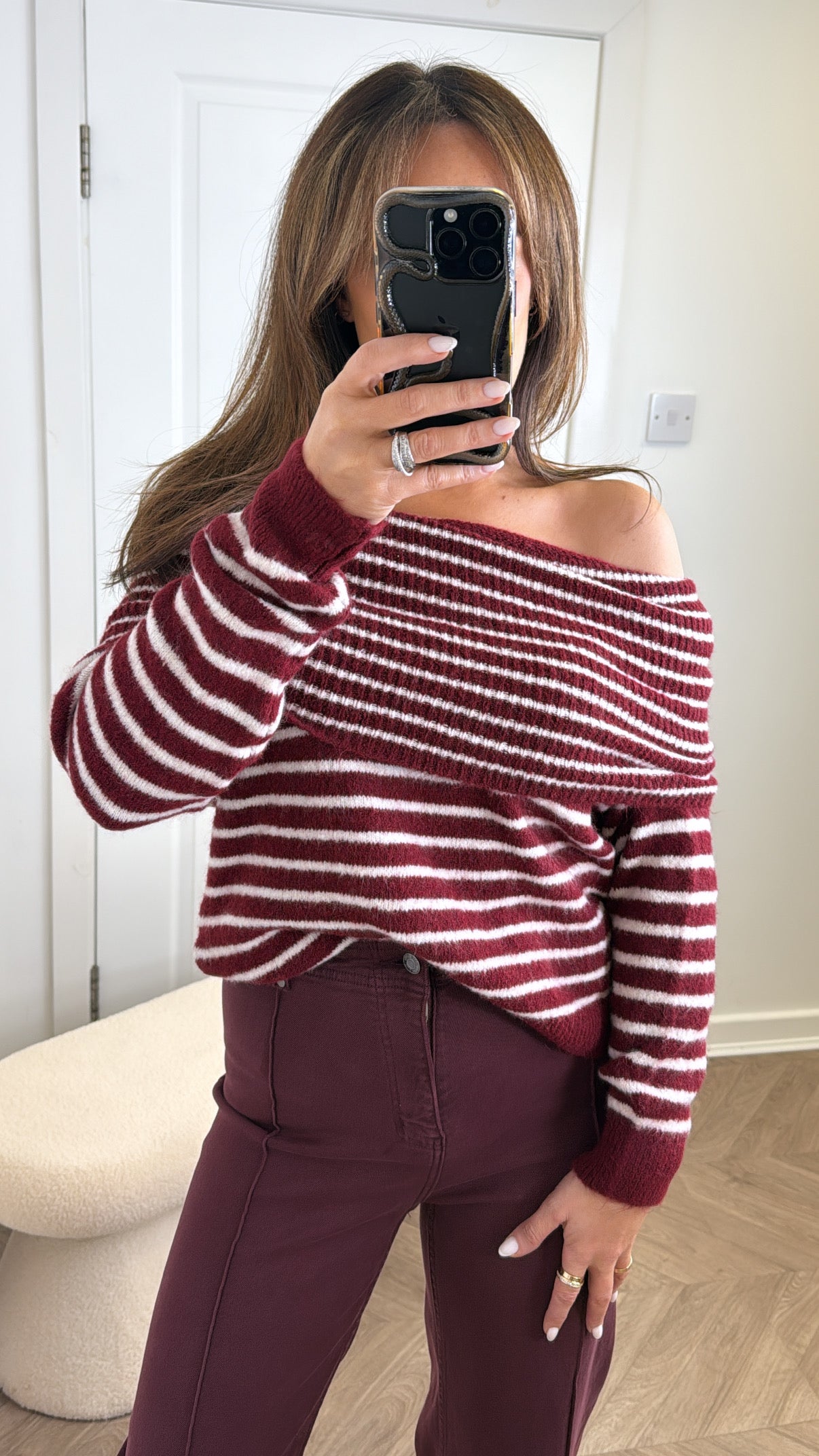 ABBEY burgundy stripe off the shoulder jumper