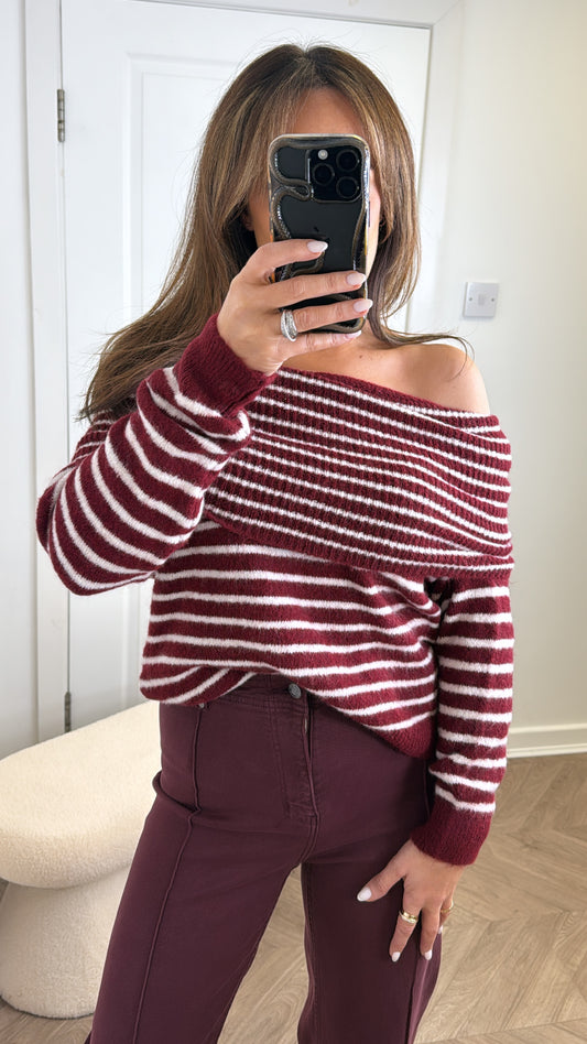 ABBEY burgundy stripe off the shoulder jumper