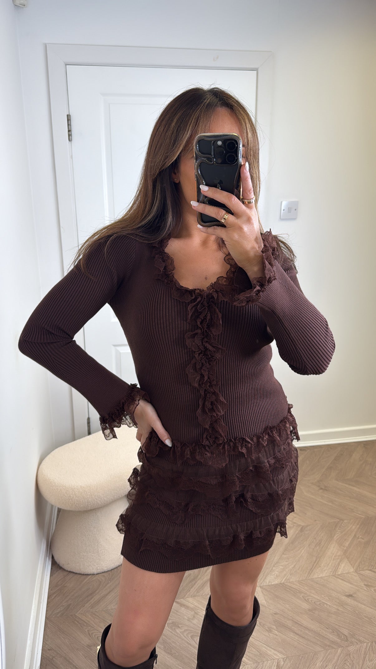 ANNALISE brown with lace detail top and skirt co-ord