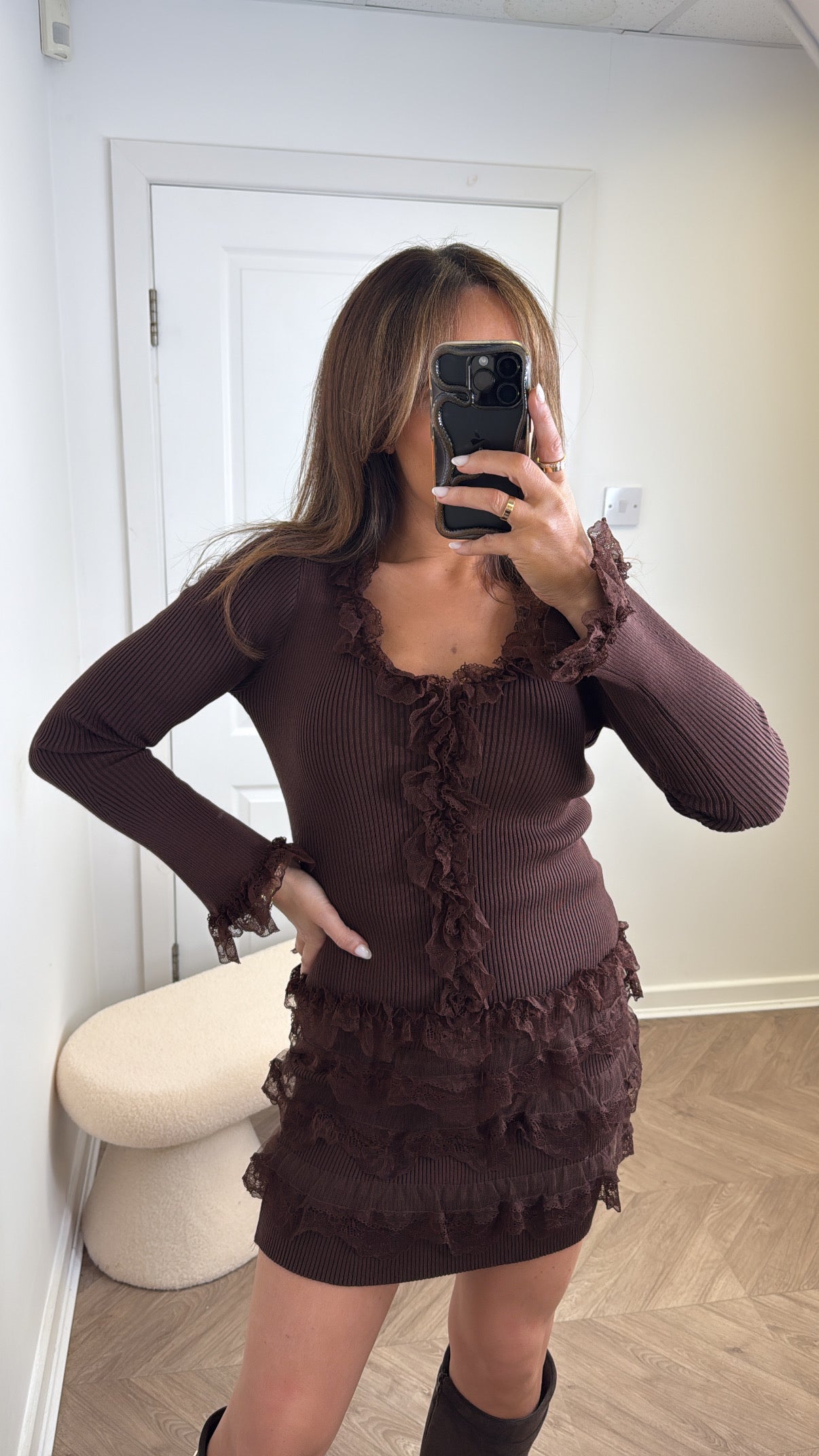 ANNALISE brown with lace detail top and skirt co-ord