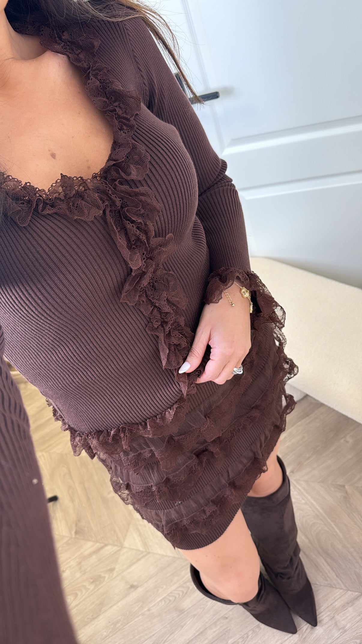 ANNALISE brown with lace detail top and skirt co-ord