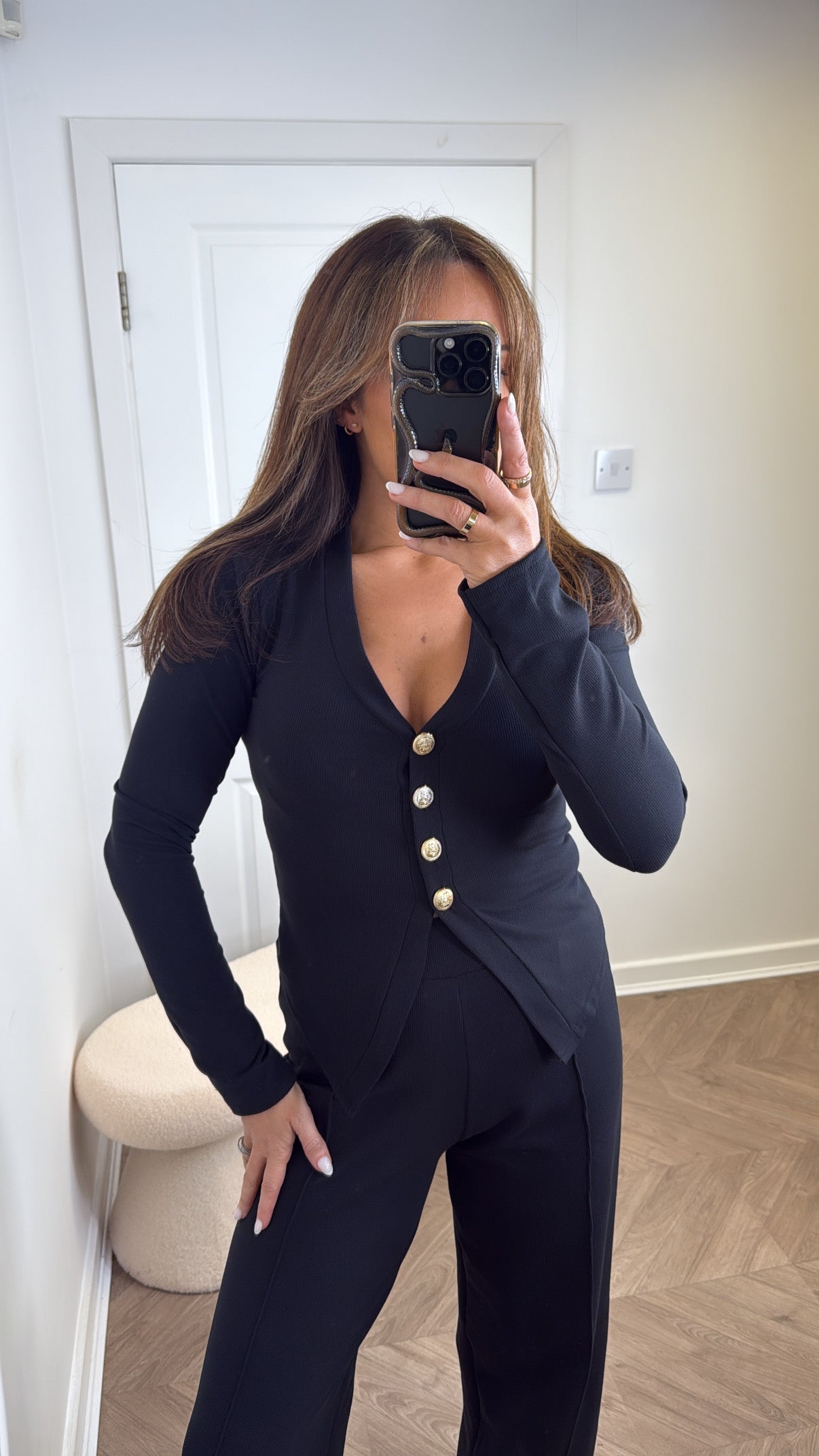 CASSIE black gold button top and trousers co-ord