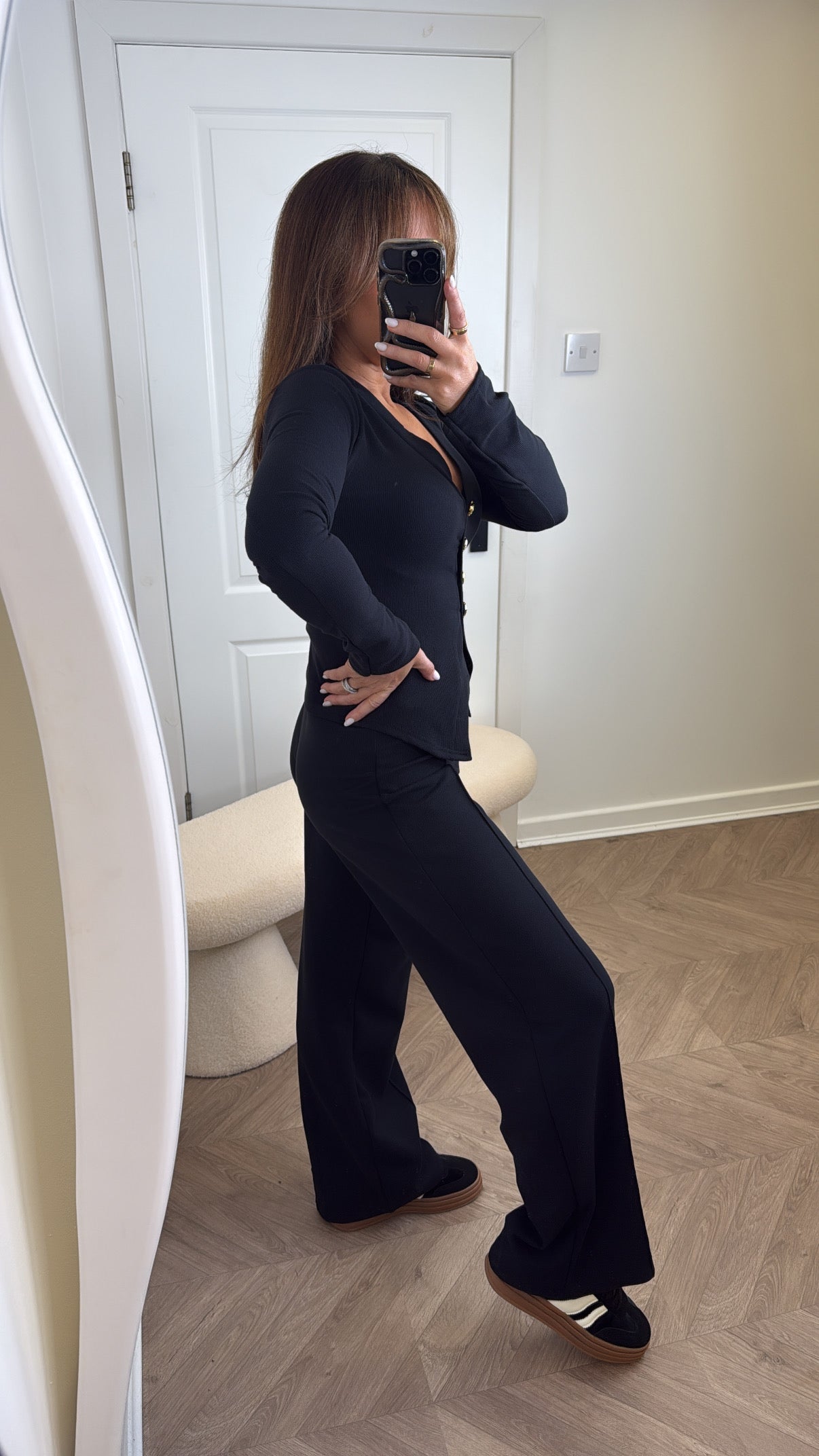 CASSIE black gold button top and trousers co-ord