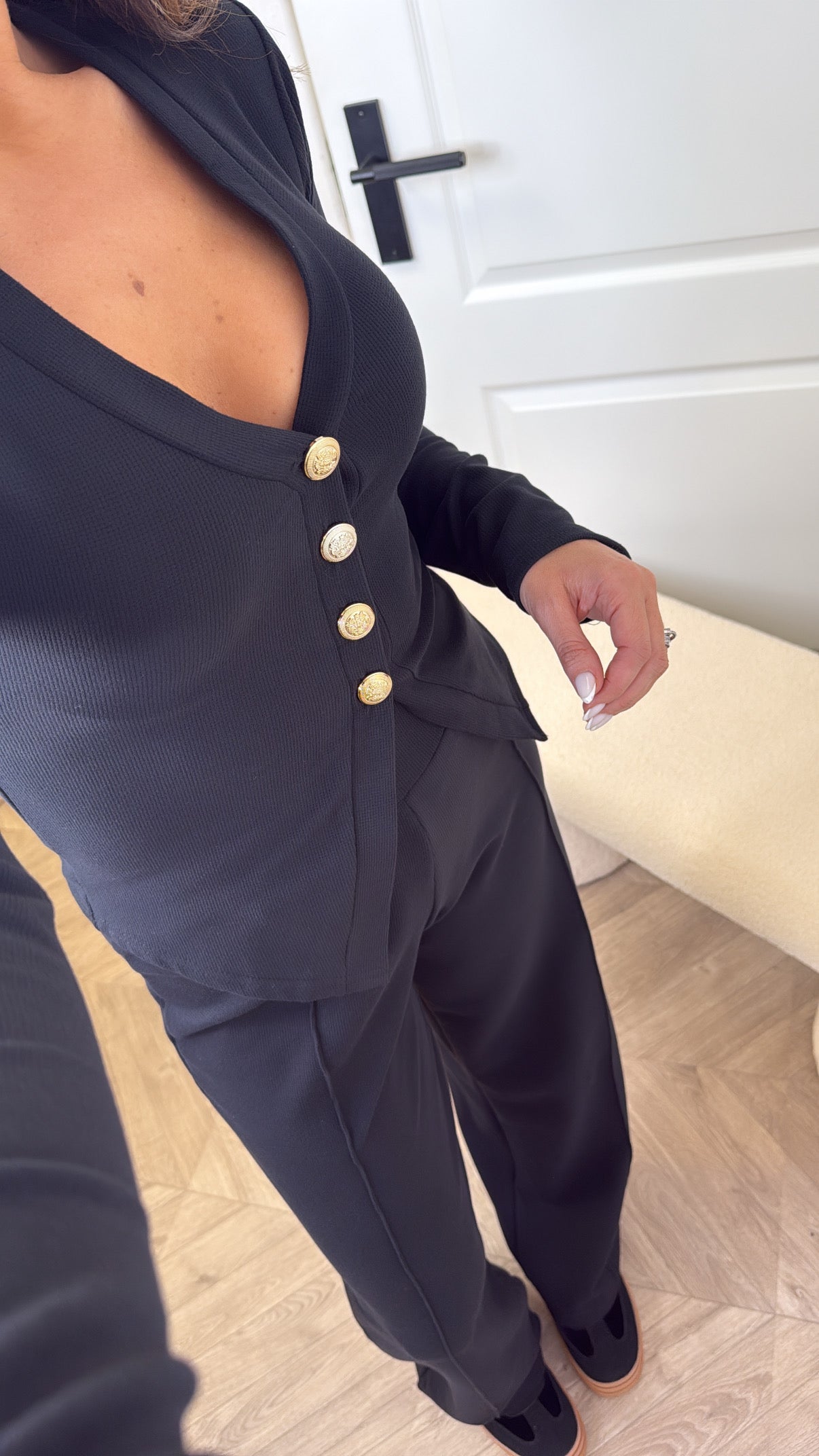 CASSIE black gold button top and trousers co-ord