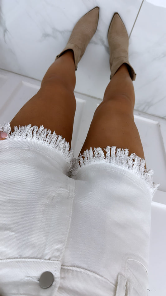 KEELEY white frayed denim shorts