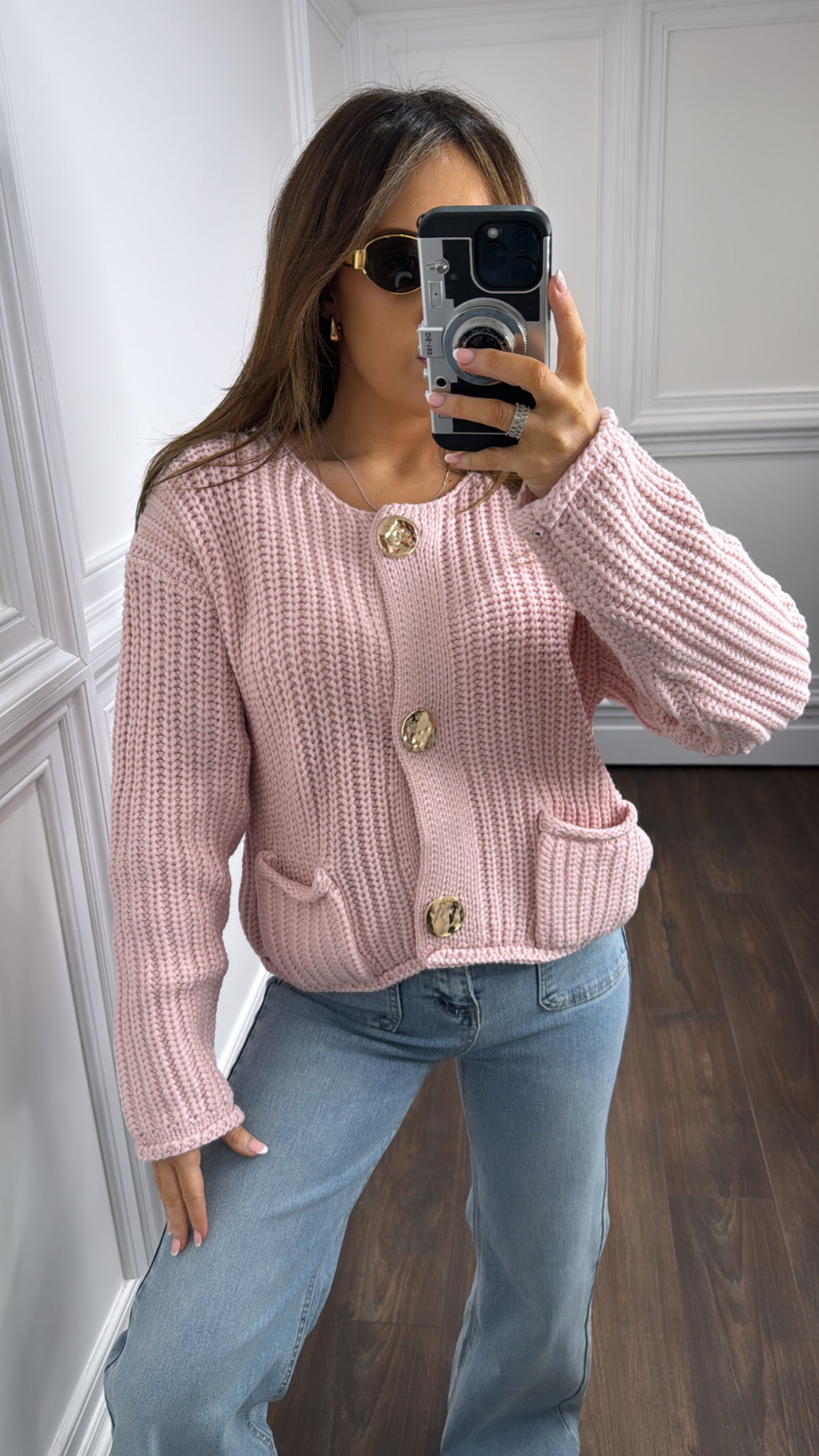 DARBY pink chunky knit cardigan with gold buttons