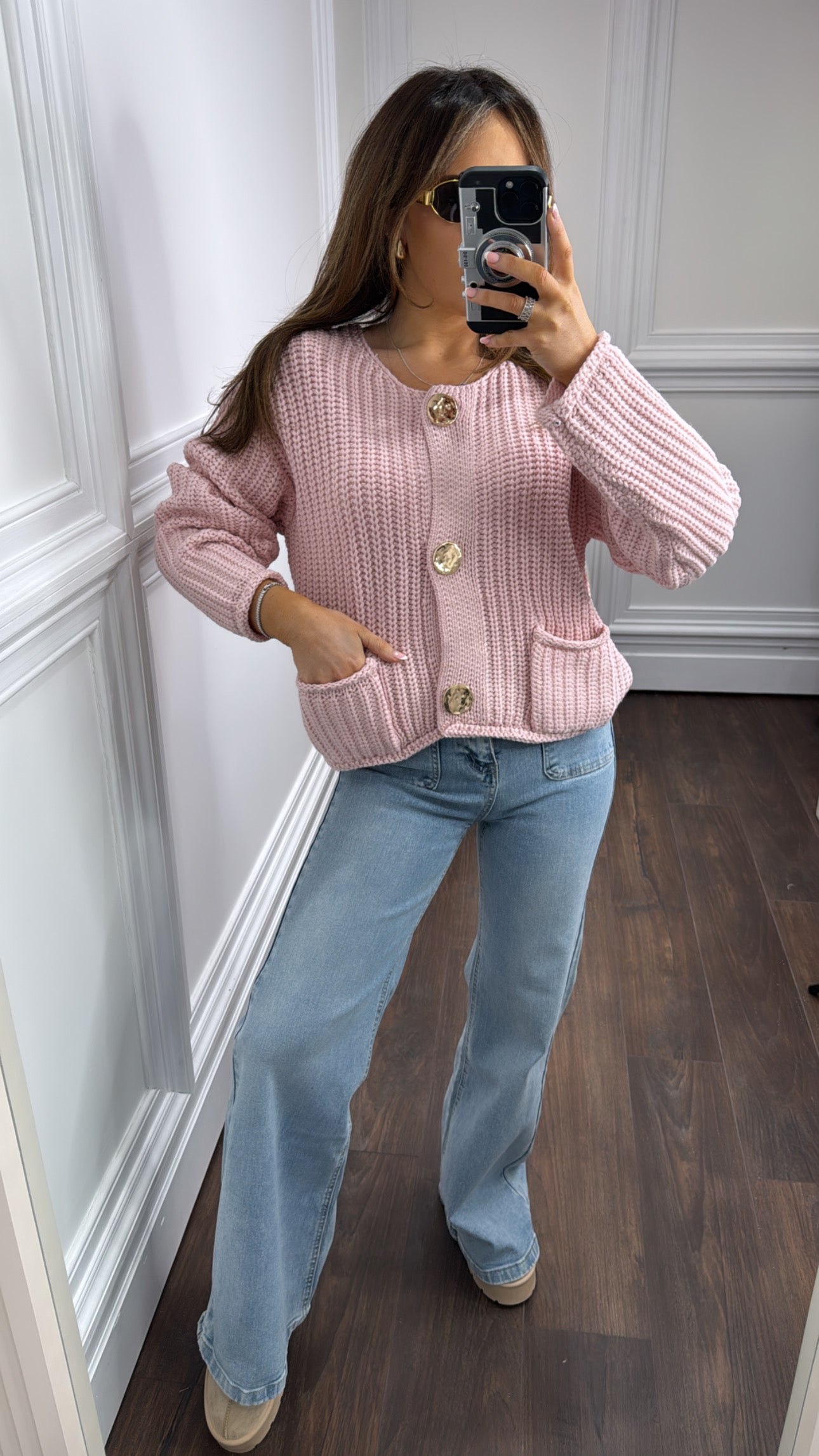 DARBY pink chunky knit cardigan with gold buttons