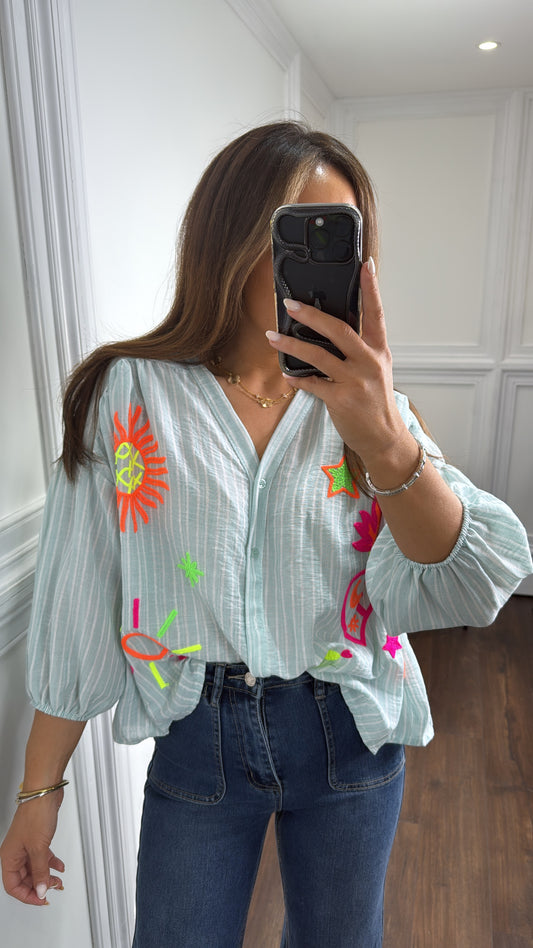 ERIN mint stripe embroidered blouse